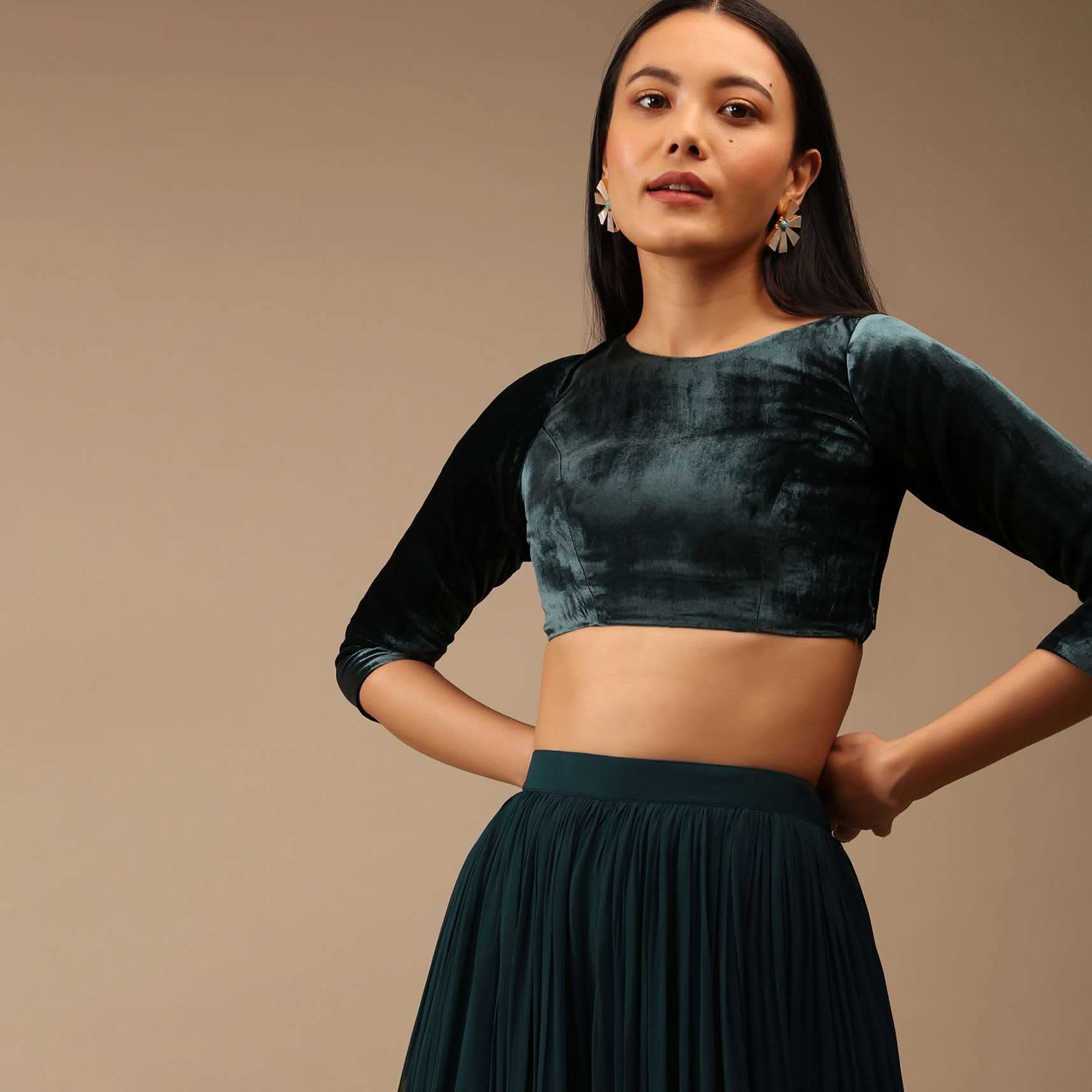 Deep Teal Blue Blouse In Velvet With Three Quarter Sleeves And Round Neckline - Image 3