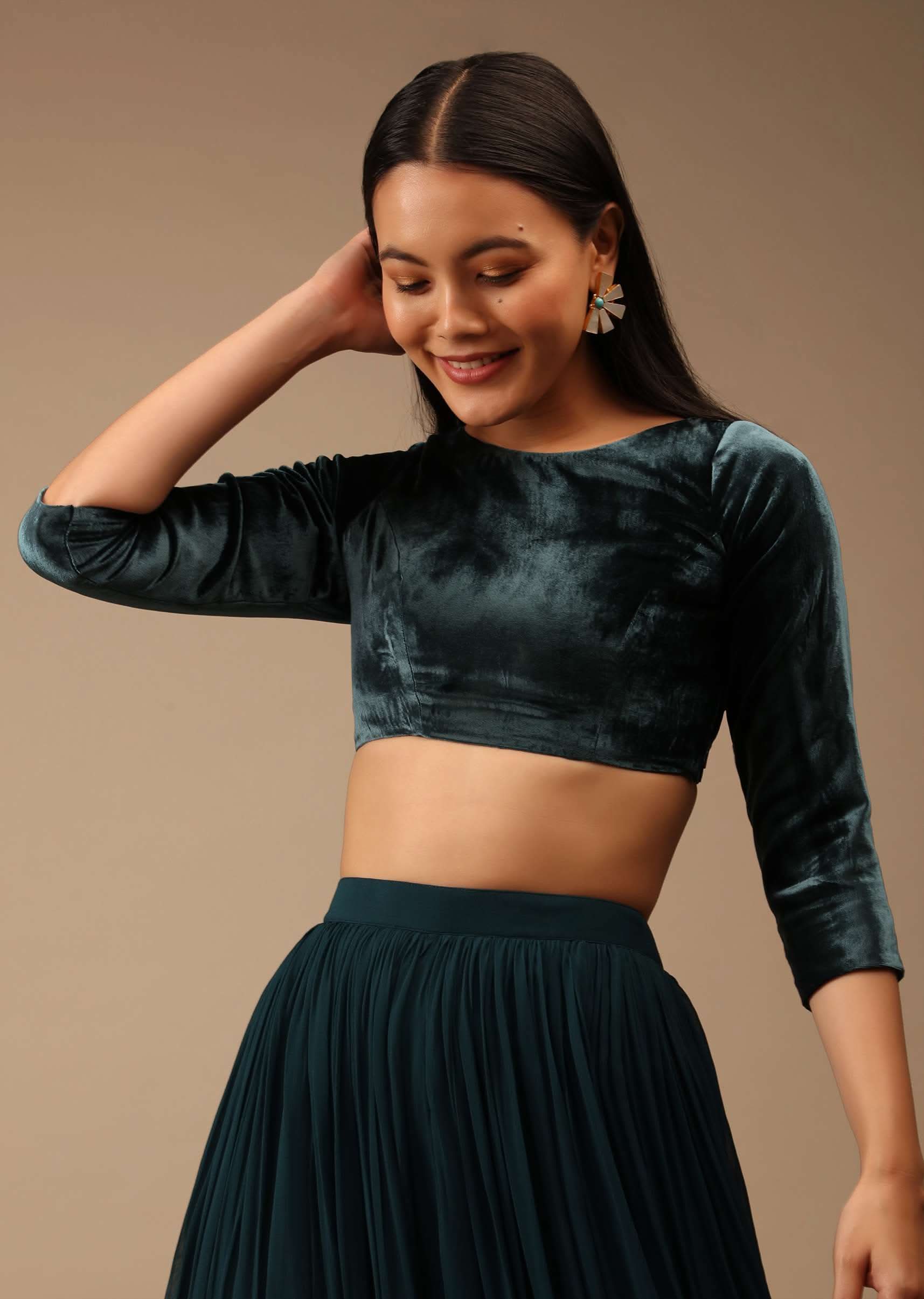 Deep Teal Blue Blouse In Velvet With Three Quarter Sleeves And Round Neckline - Image 4