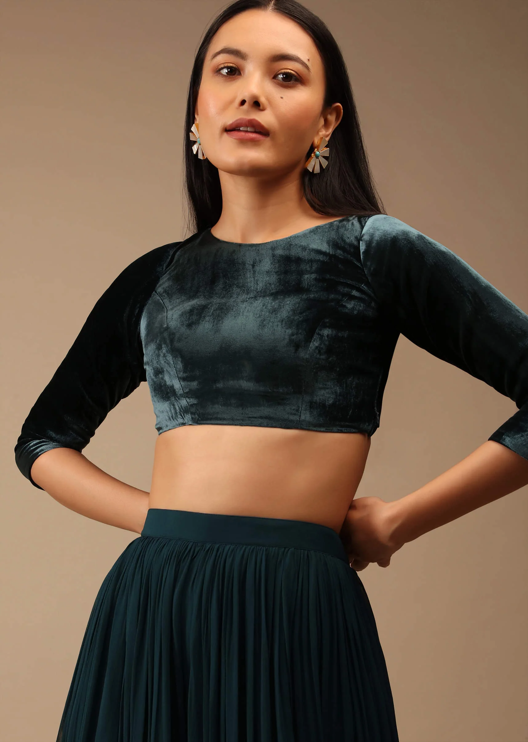 Deep Teal Blue Blouse In Velvet With Three Quarter Sleeves And Round Neckline - Image 6