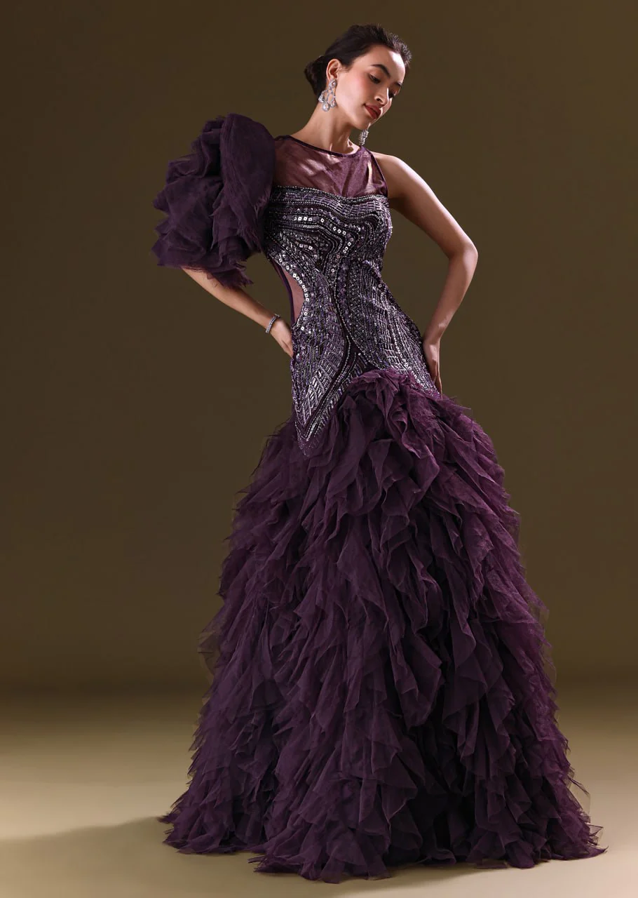 Deep Violet Mermaid Fit Asymmetric Gown With Ruffle Detailing