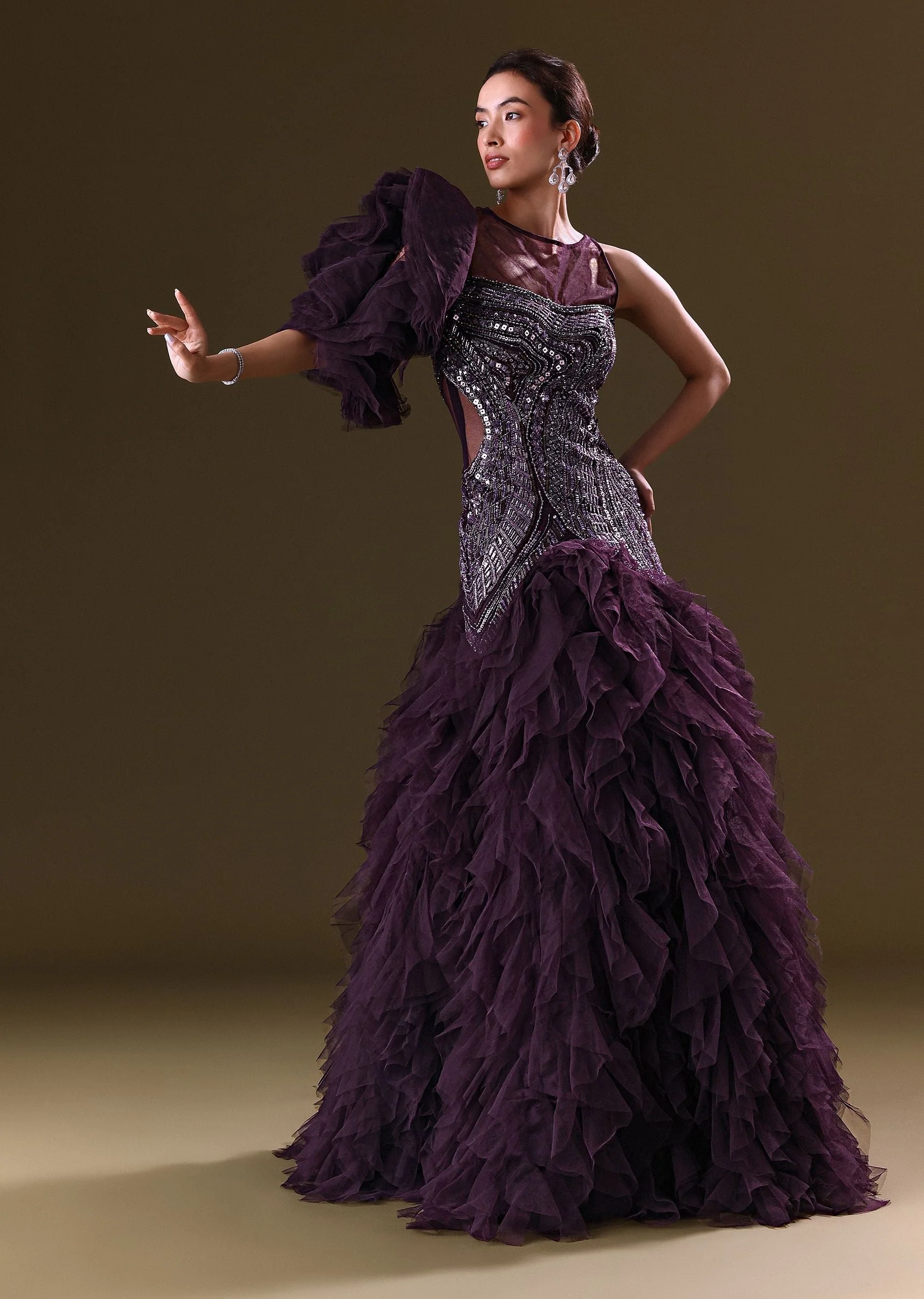 Deep Violet Mermaid Fit Asymmetric Gown With Ruffle Detailing - Image 3