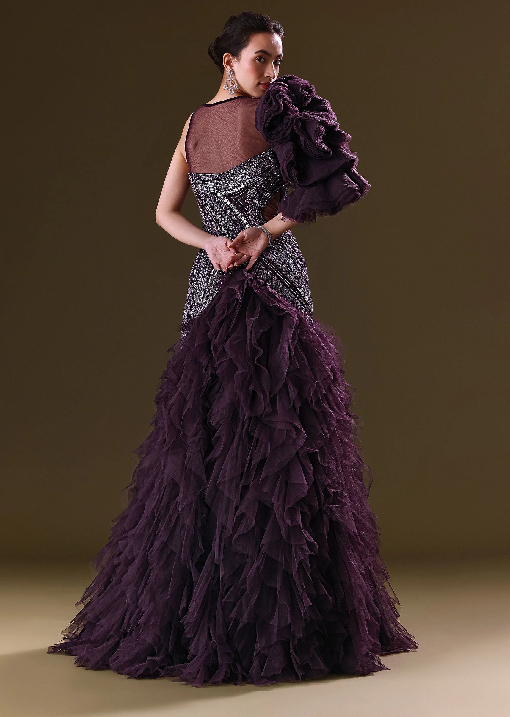 Deep Violet Mermaid Fit Asymmetric Gown With Ruffle Detailing - Image 5