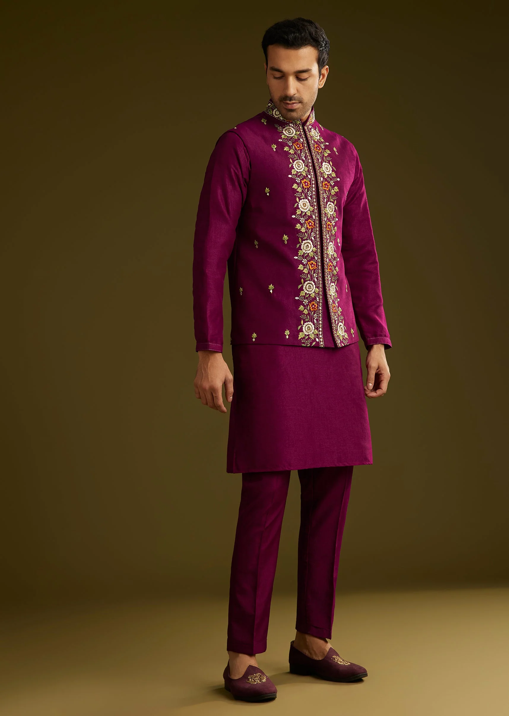Deep Wine Reception Couple Set – Wine Tissue Organza Saree For Her And Wine Cotton Silk Kurta Jacket Set For Him - Image 10