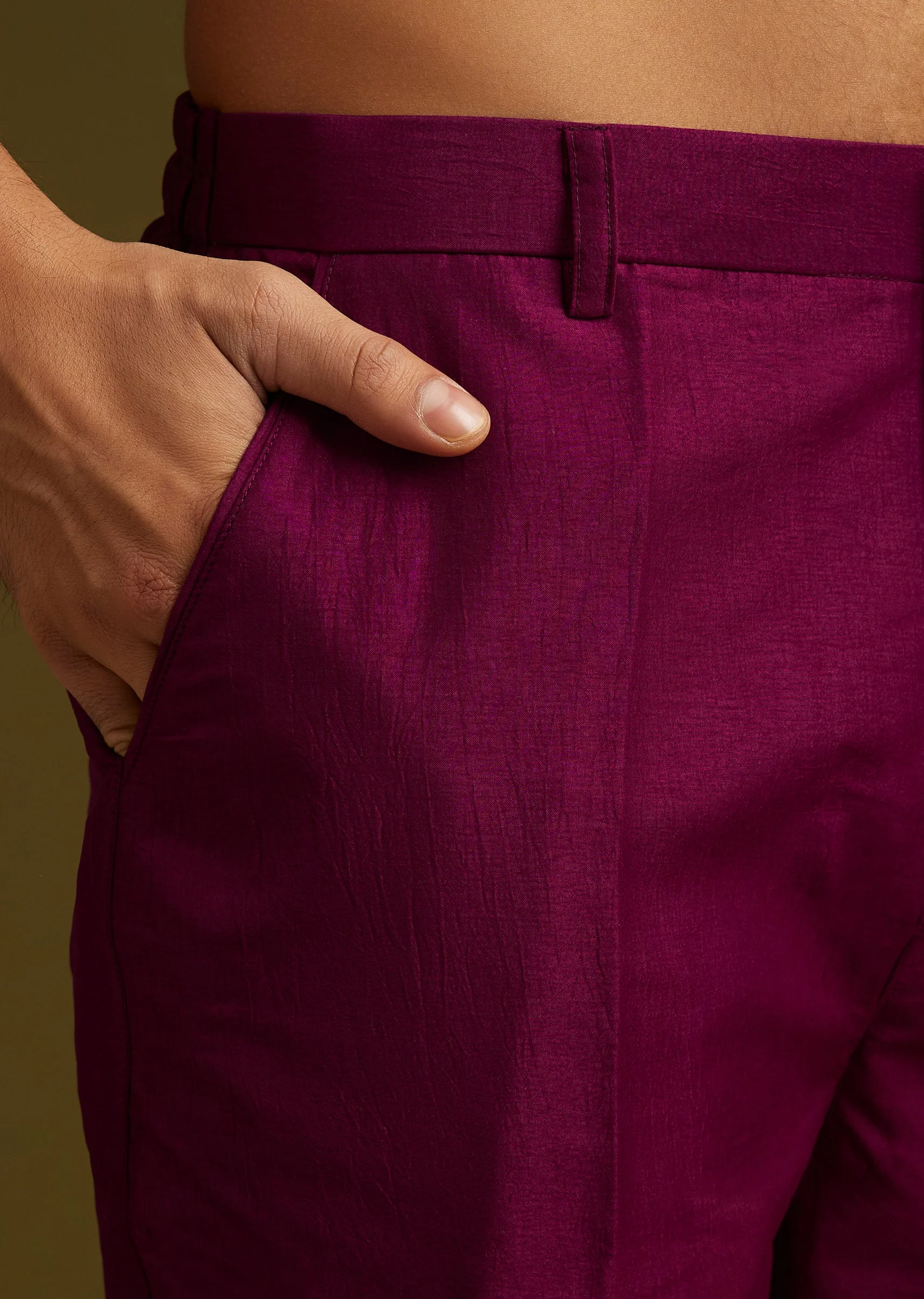 Deep Wine Reception Couple Set – Wine Tissue Organza Saree For Her And Wine Cotton Silk Kurta Jacket Set For Him - Image 14