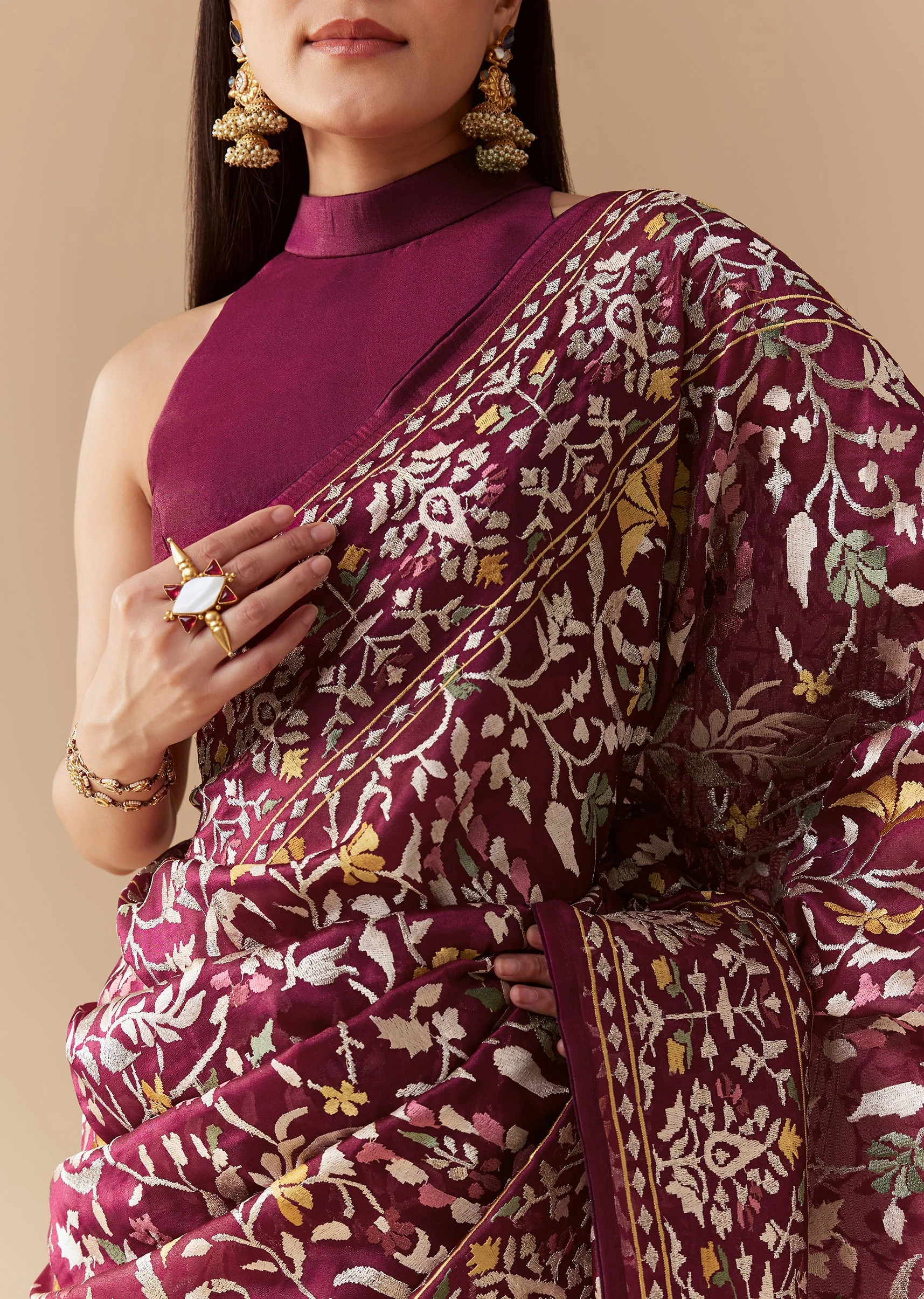 Deep Wine Reception Couple Set – Wine Tissue Organza Saree For Her And Wine Cotton Silk Kurta Jacket Set For Him - Image 2