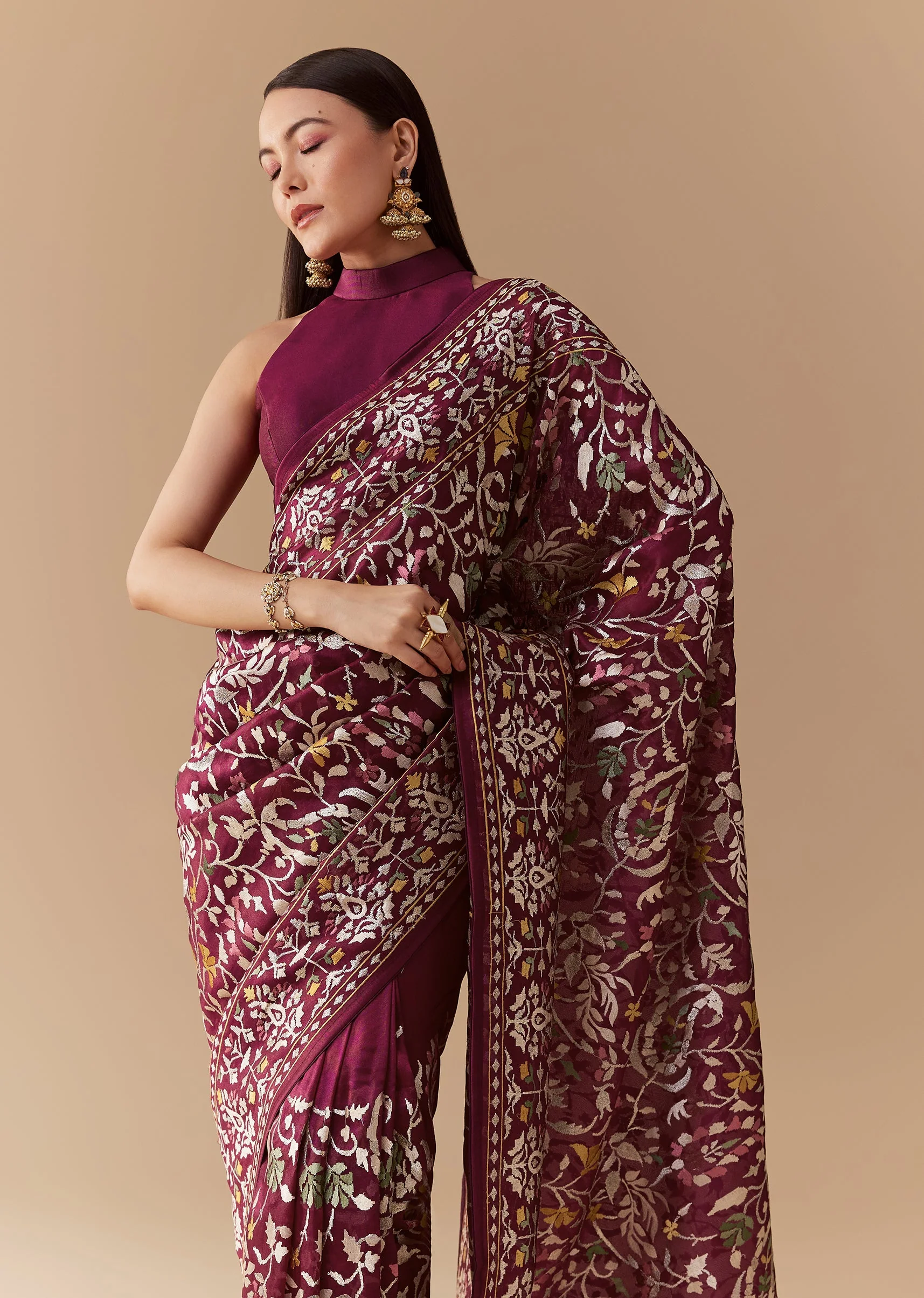 Deep Wine Reception Couple Set – Wine Tissue Organza Saree For Her And Wine Cotton Silk Kurta Jacket Set For Him - Image 4