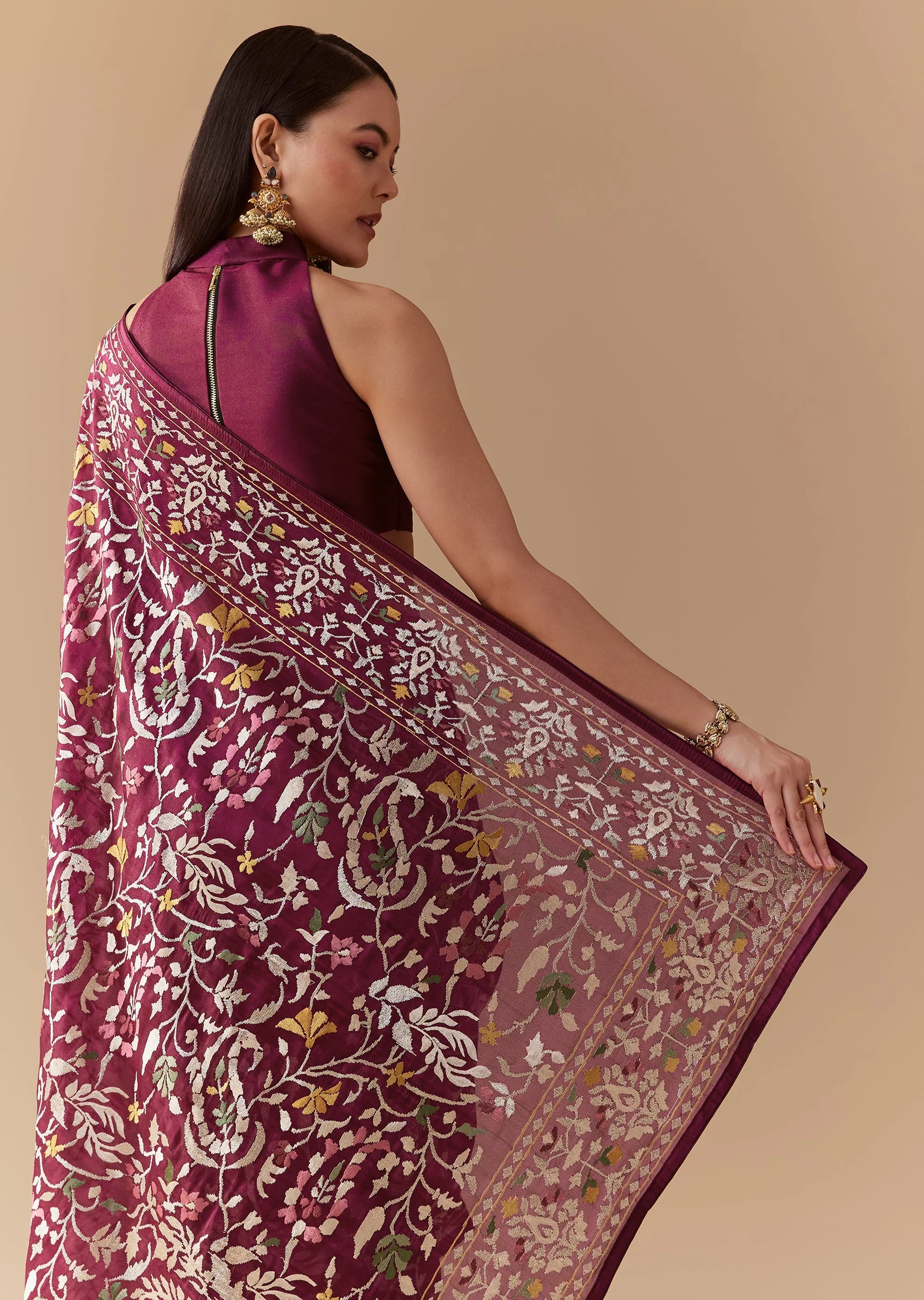 Deep Wine Reception Couple Set – Wine Tissue Organza Saree For Her And Wine Cotton Silk Kurta Jacket Set For Him - Image 6