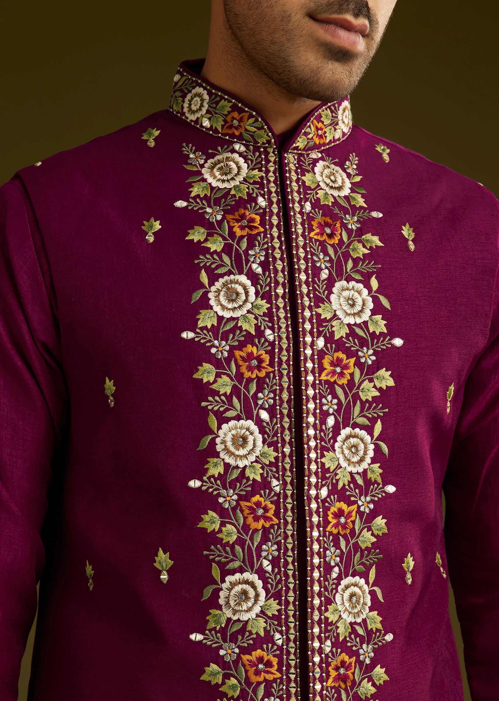 Deep Wine Reception Couple Set – Wine Tissue Organza Saree For Her And Wine Cotton Silk Kurta Jacket Set For Him - Image 9