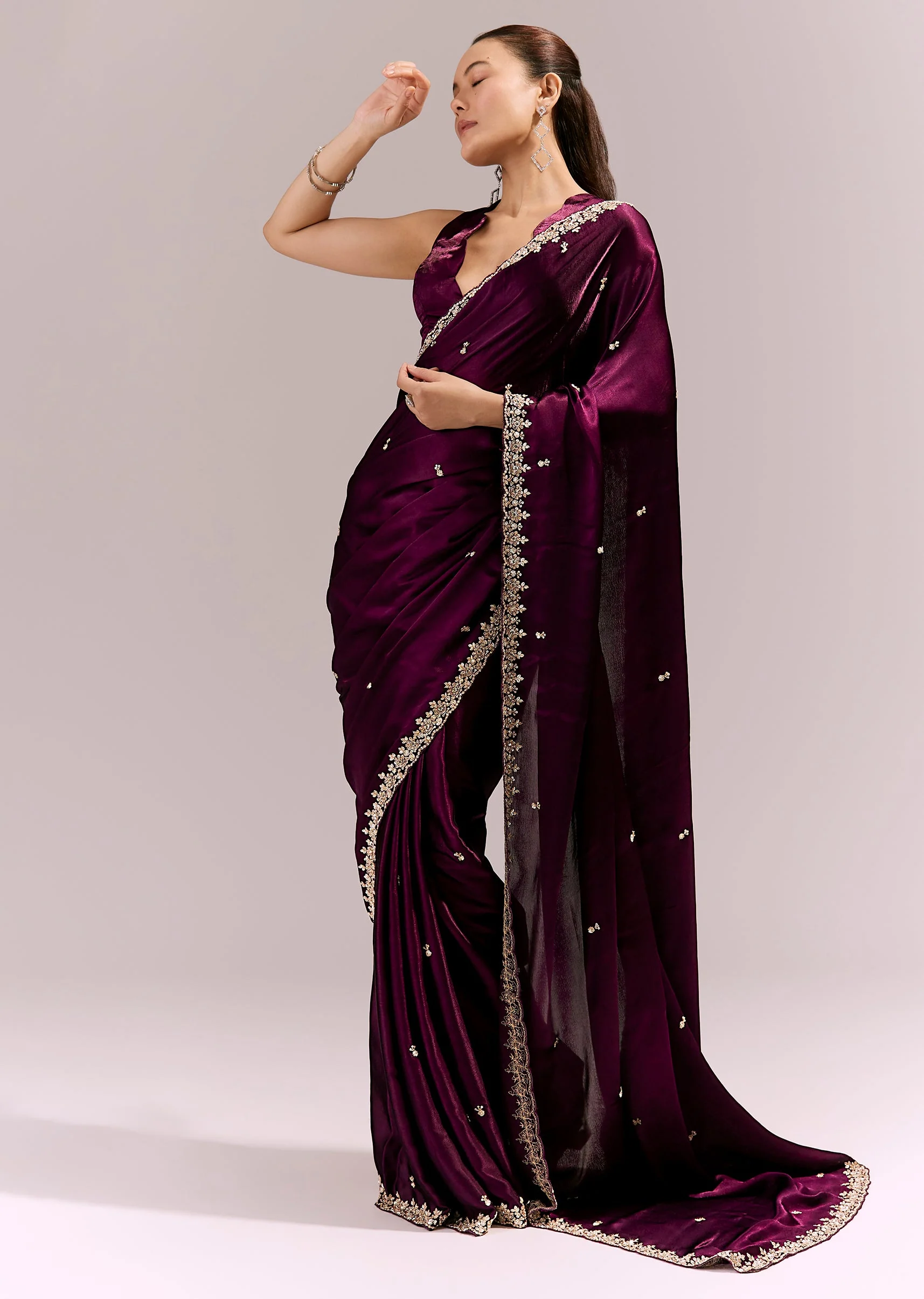 Deep Wine Satin Chinon Saree With Hand Embroidered Border And Buttis