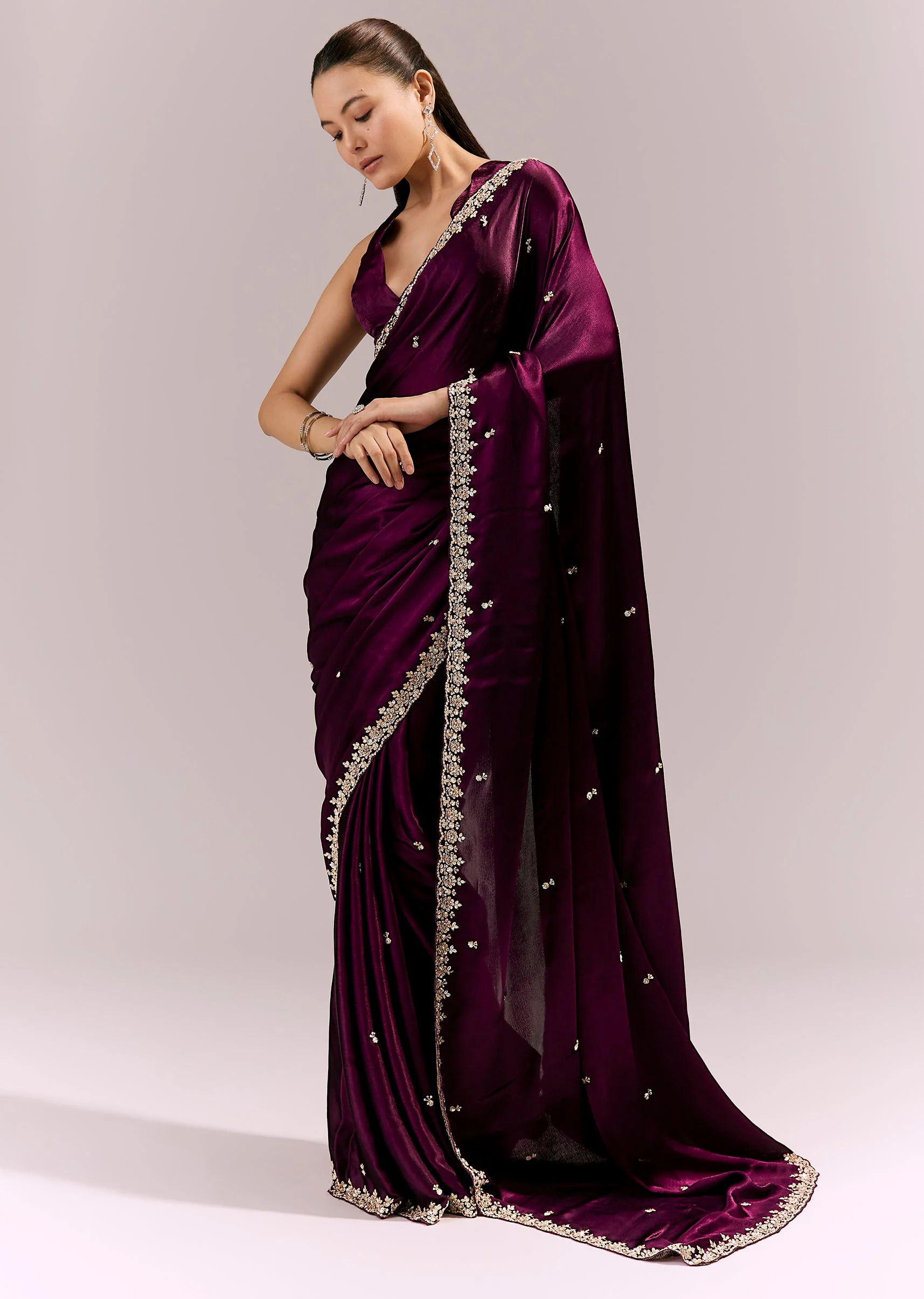Deep Wine Satin Chinon Saree With Hand Embroidered Border And Buttis - Image 3