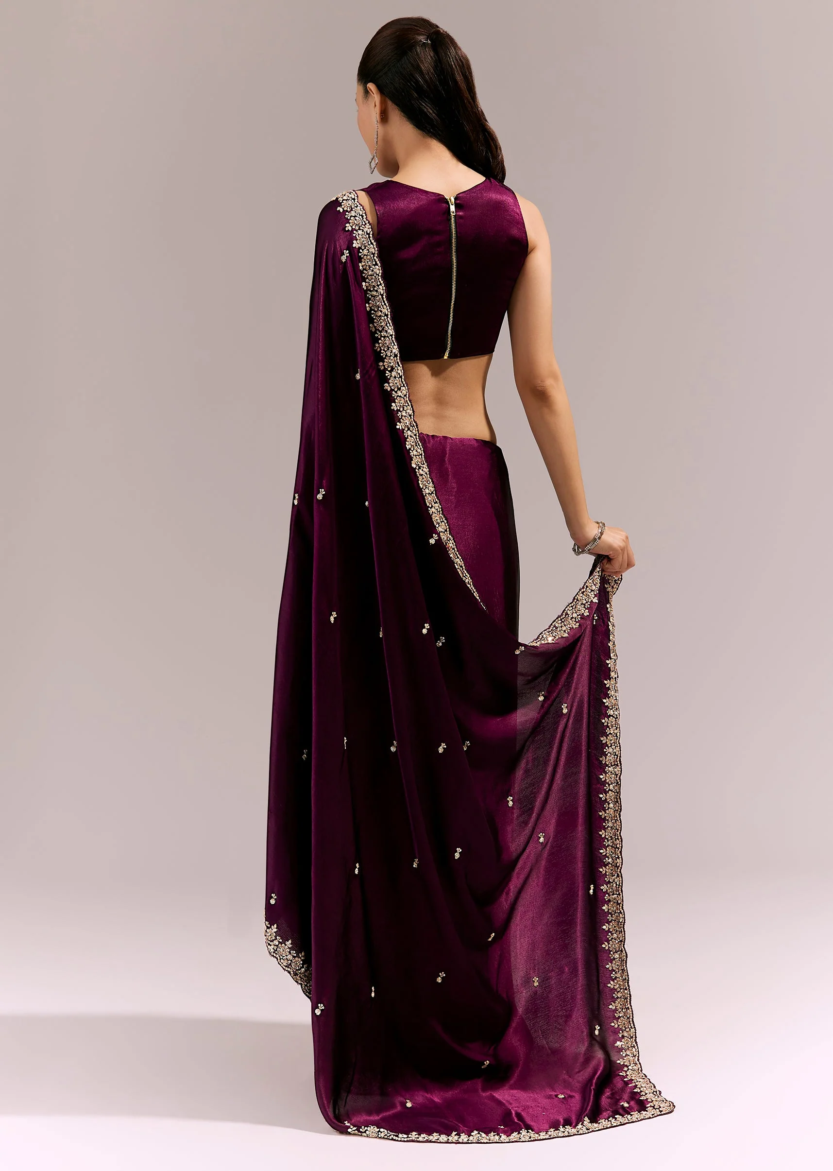 Deep Wine Satin Chinon Saree With Hand Embroidered Border And Buttis - Image 4