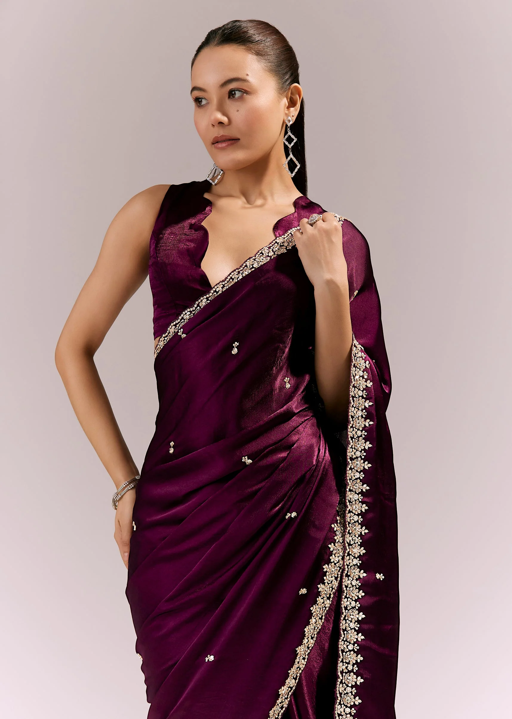 Deep Wine Satin Chinon Saree With Hand Embroidered Border And Buttis - Image 5