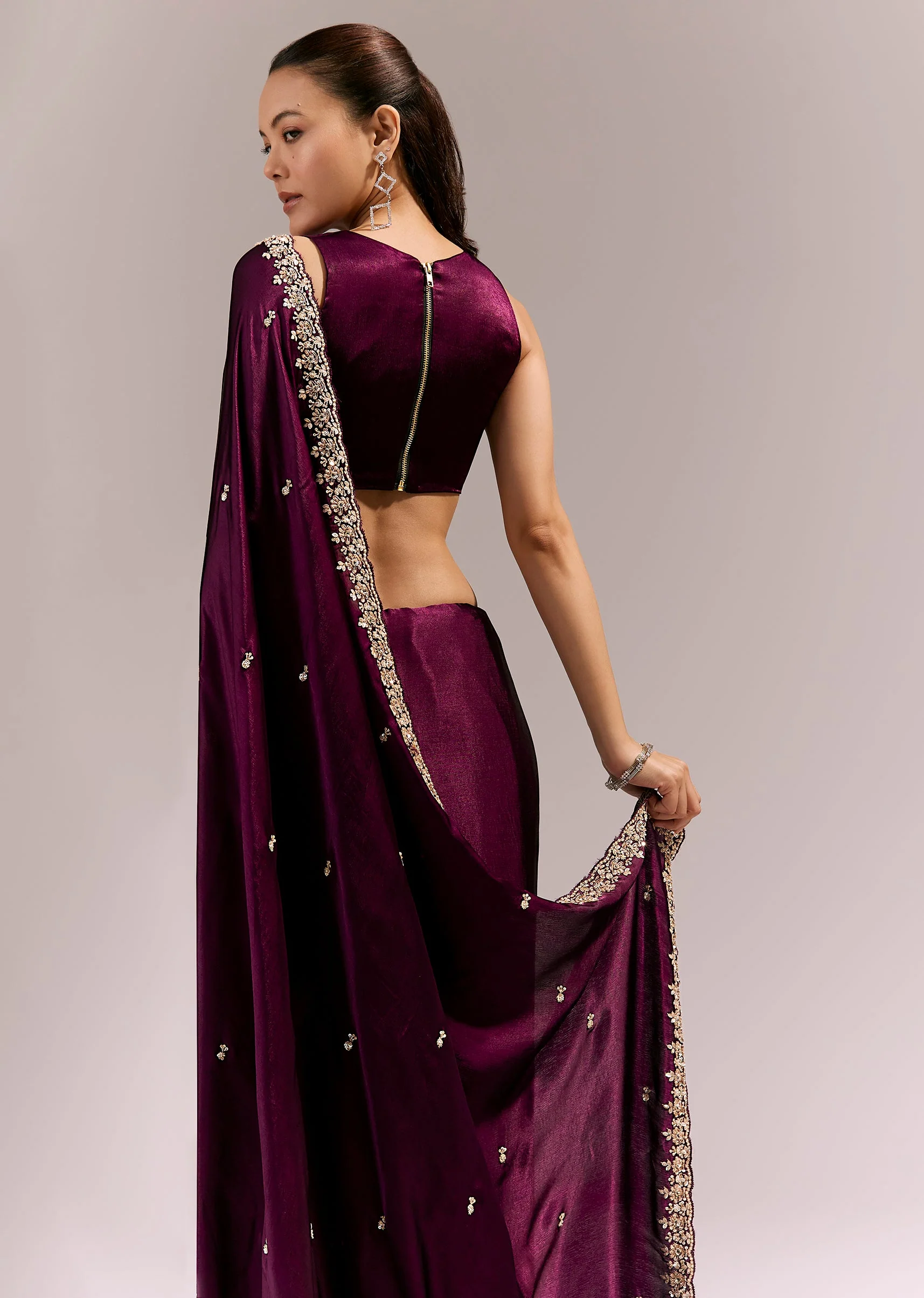 Deep Wine Satin Chinon Saree With Hand Embroidered Border And Buttis - Image 6