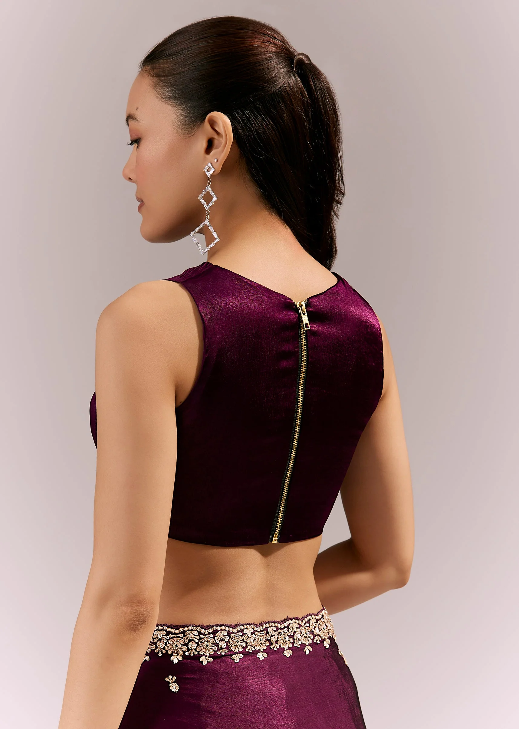 Deep Wine Satin Chinon Saree With Hand Embroidered Border And Buttis - Image 8