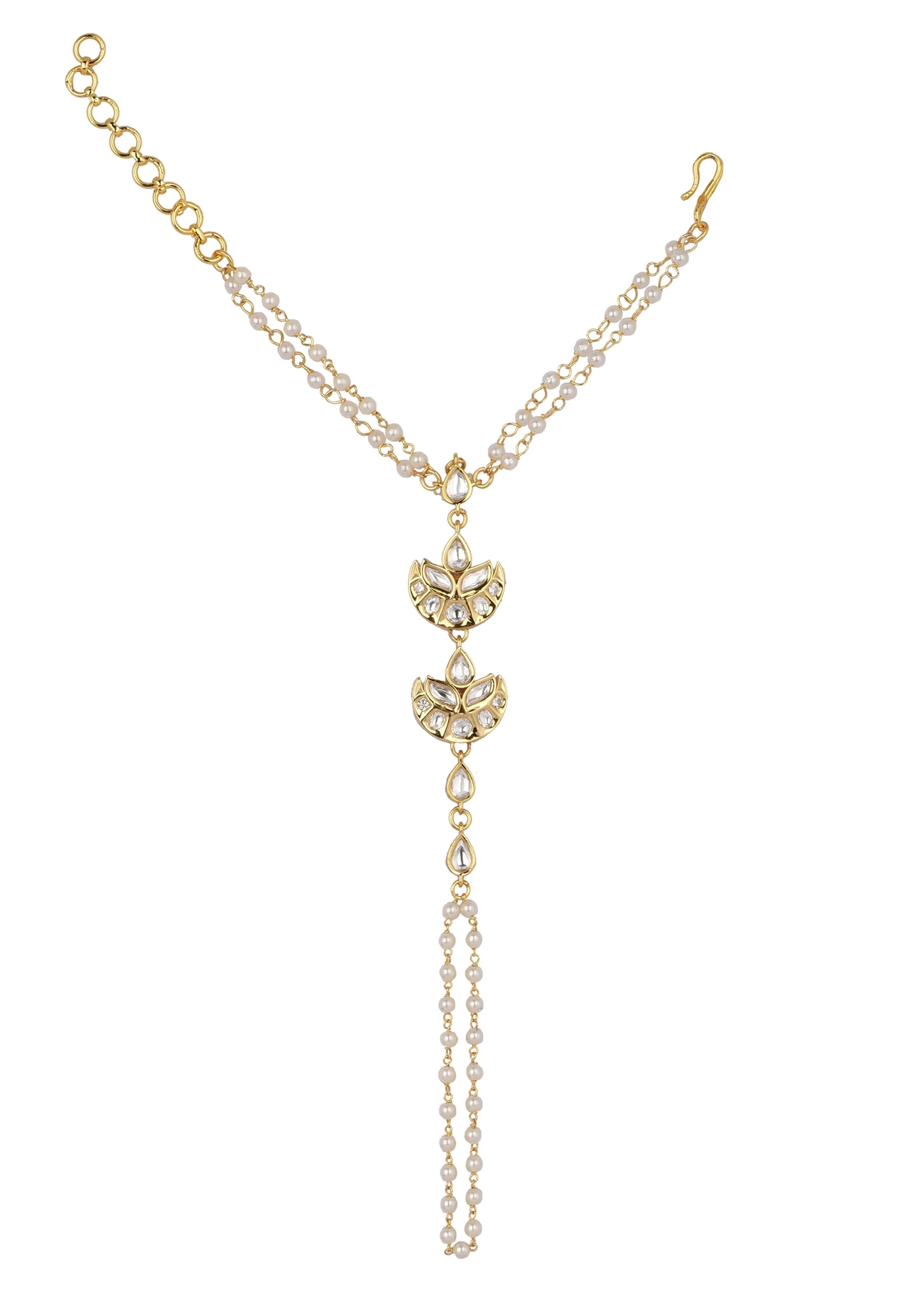 Delicate Gold Finish Hath Phool With Kundan Work - Image 3