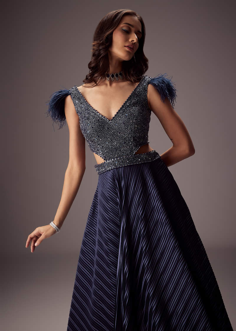 Double Ghera Navy Gown With Feather Accents - Image 3