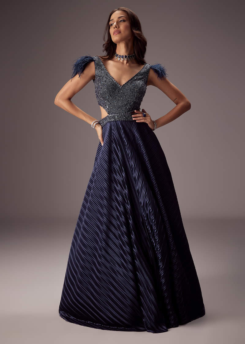 Double Ghera Navy Gown With Feather Accents - Image 4