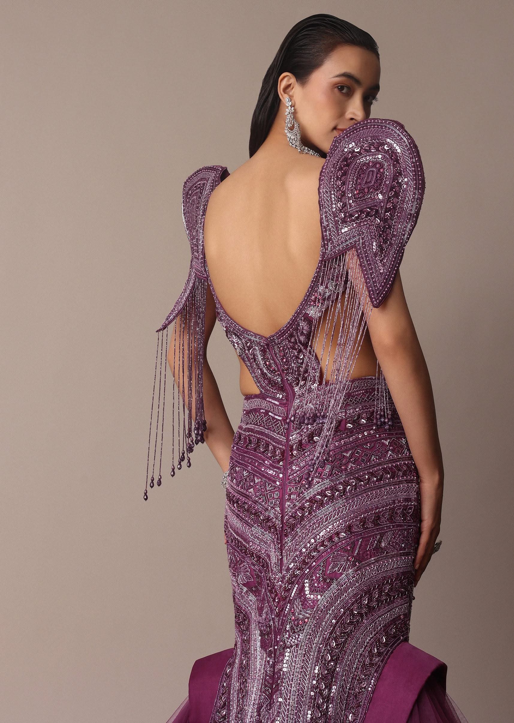 Deep Purple Organza Fishcut Gown With 3D Tassel Sleeves - Image 2