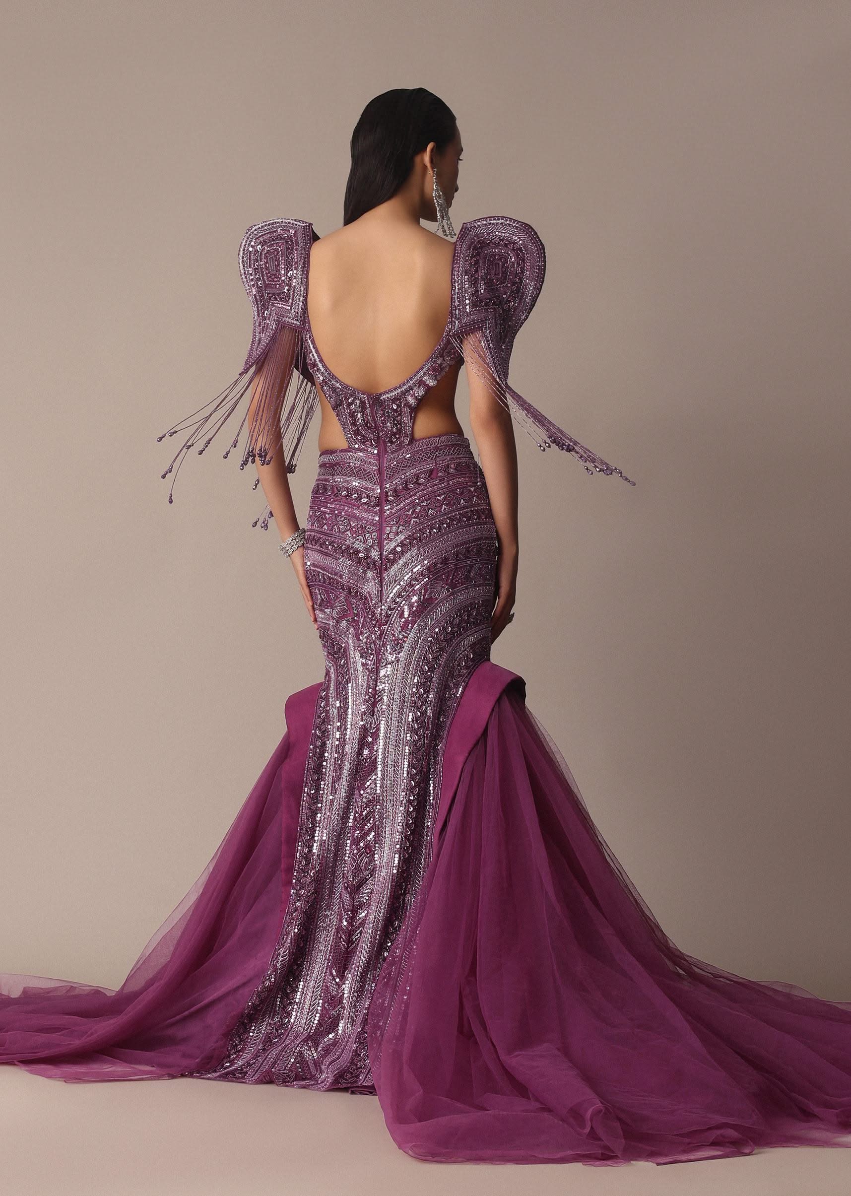 Deep Purple Organza Fishcut Gown With 3D Tassel Sleeves - Image 3