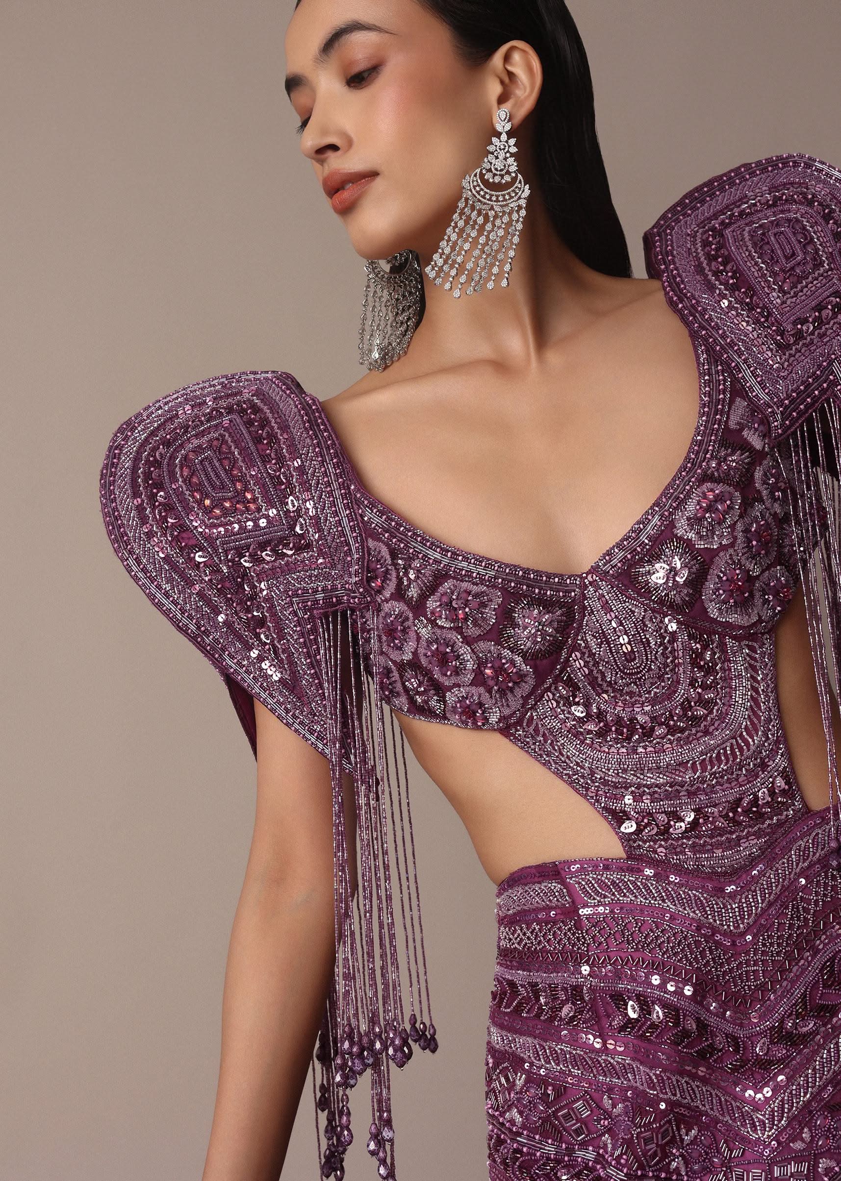 Deep Purple Organza Fishcut Gown With 3D Tassel Sleeves - Image 4