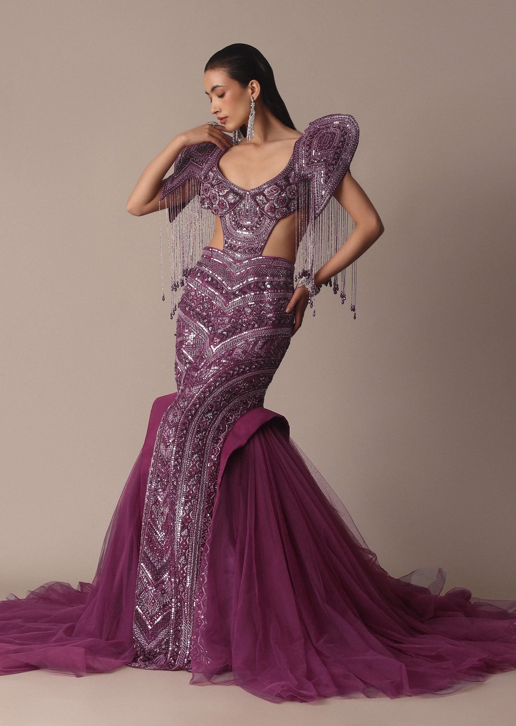Deep Purple Organza Fishcut Gown With 3D Tassel Sleeves - Image 6