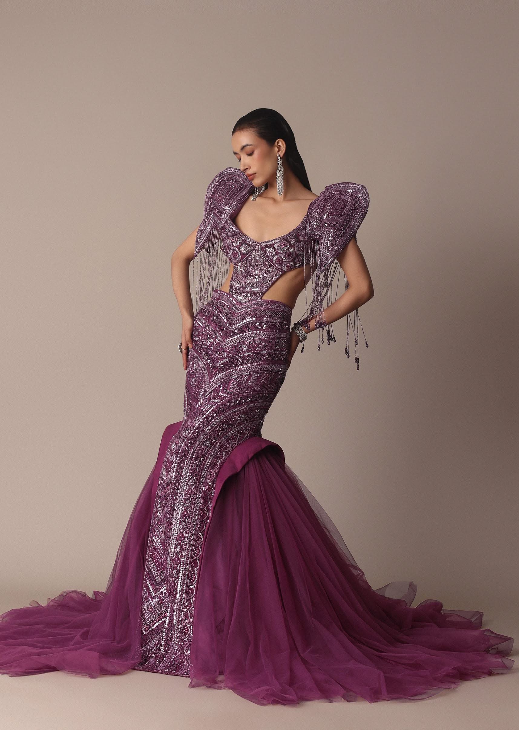 Deep Purple Organza Fishcut Gown With 3D Tassel Sleeves - Image 9