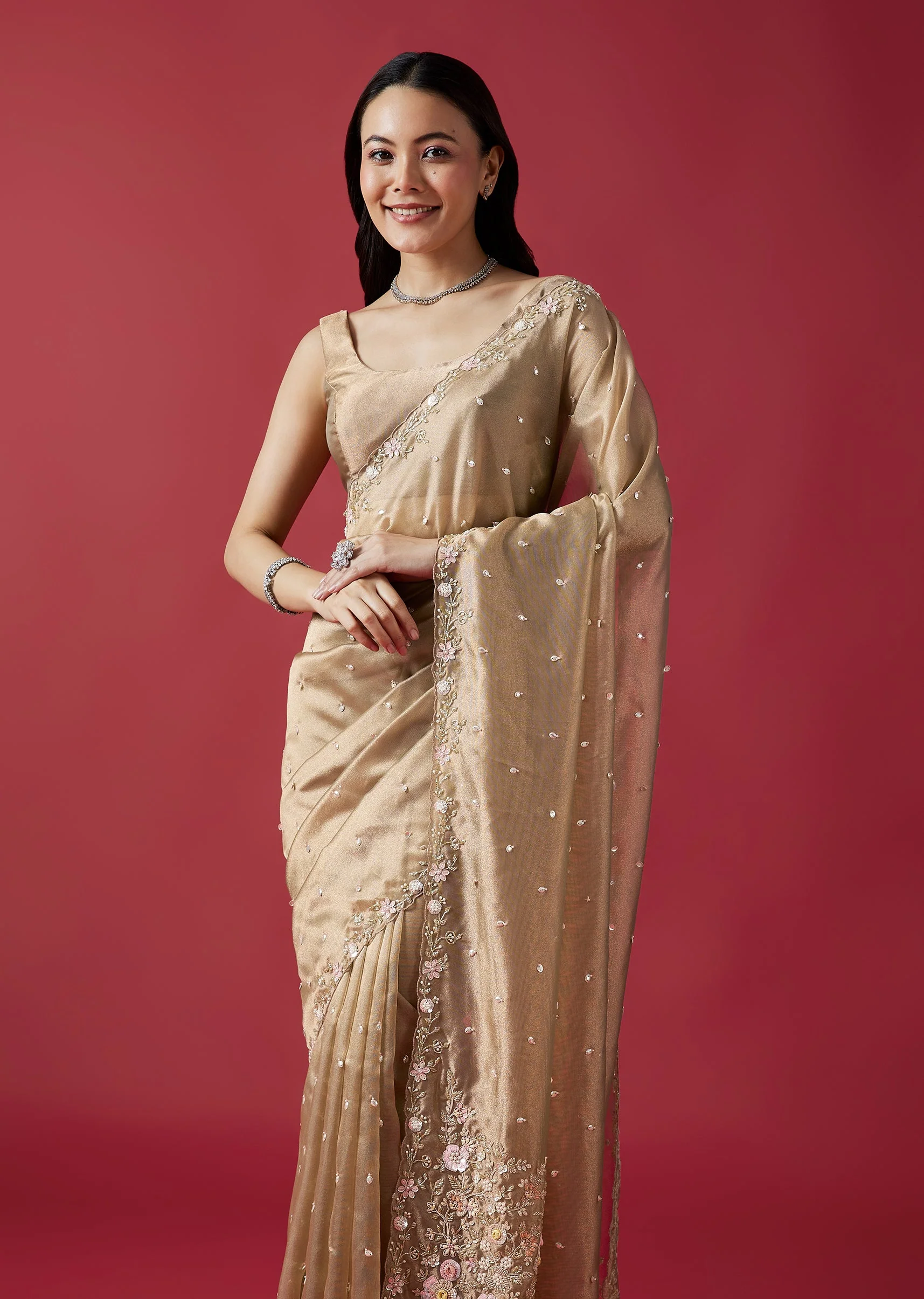 Dusky Beige Embroidered Tissue Saree With Cutwork Border - Image 5