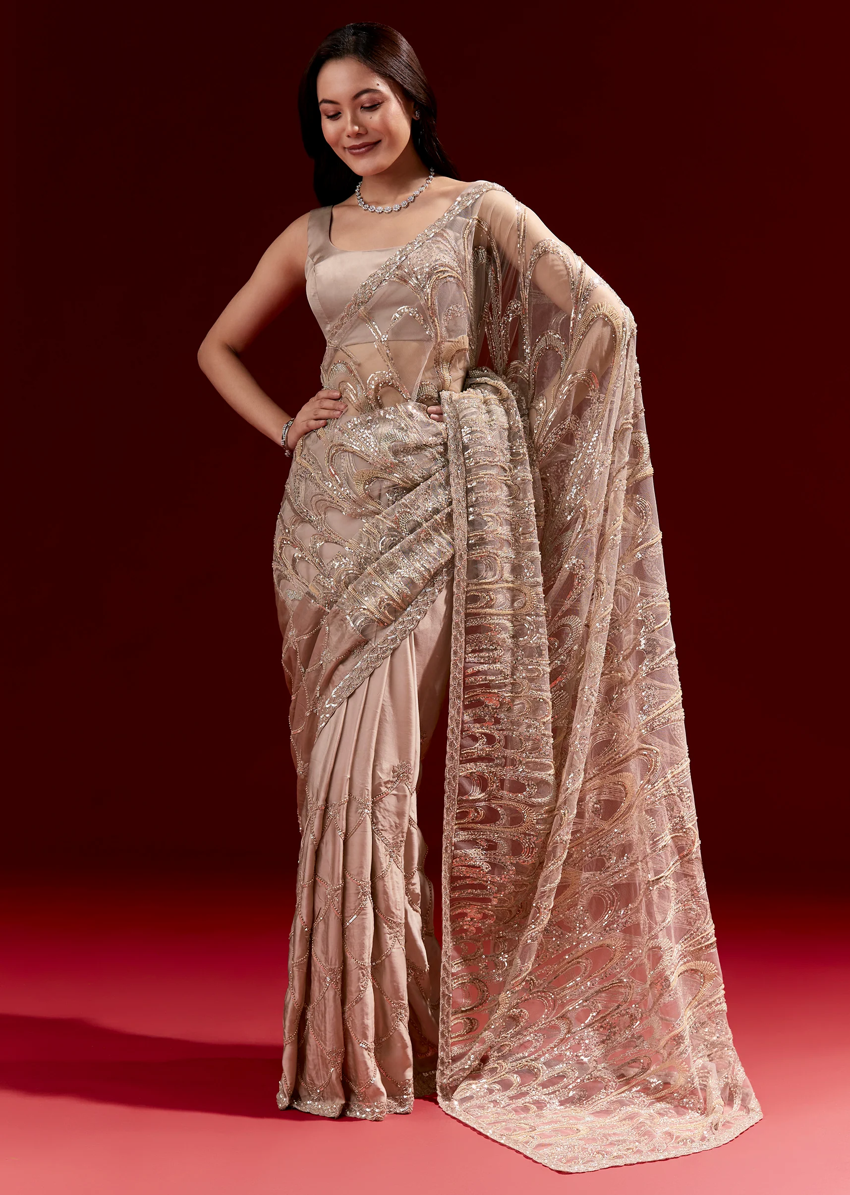 Dusky Beige Half And Half Saree With Heavy Embroidered Pallu And Jaal Detailing