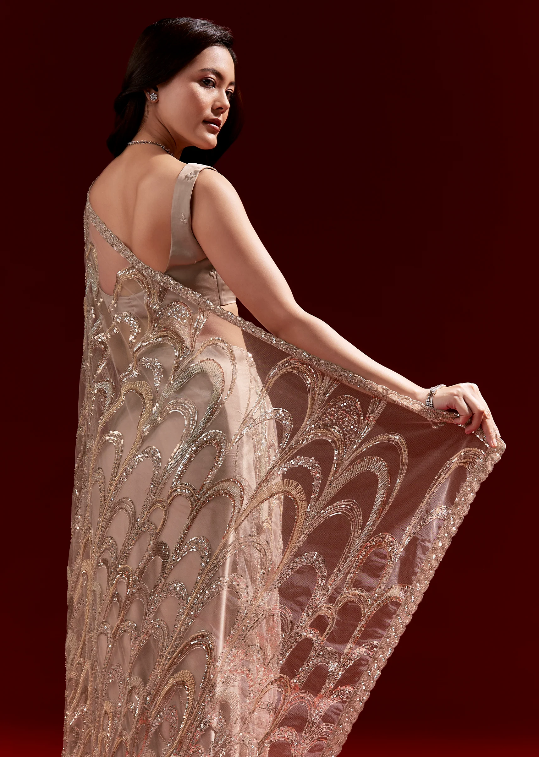 Dusky Beige Half And Half Saree With Heavy Embroidered Pallu And Jaal Detailing - Image 6