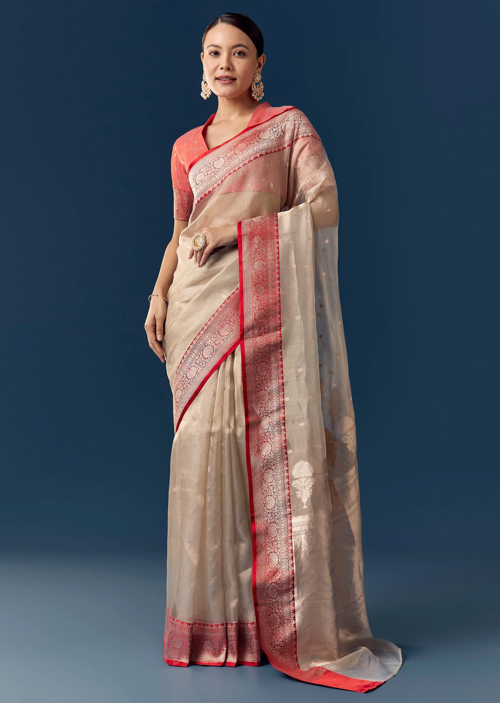 Dusky Beige Tissue Saree with Contrast Red Woven Border