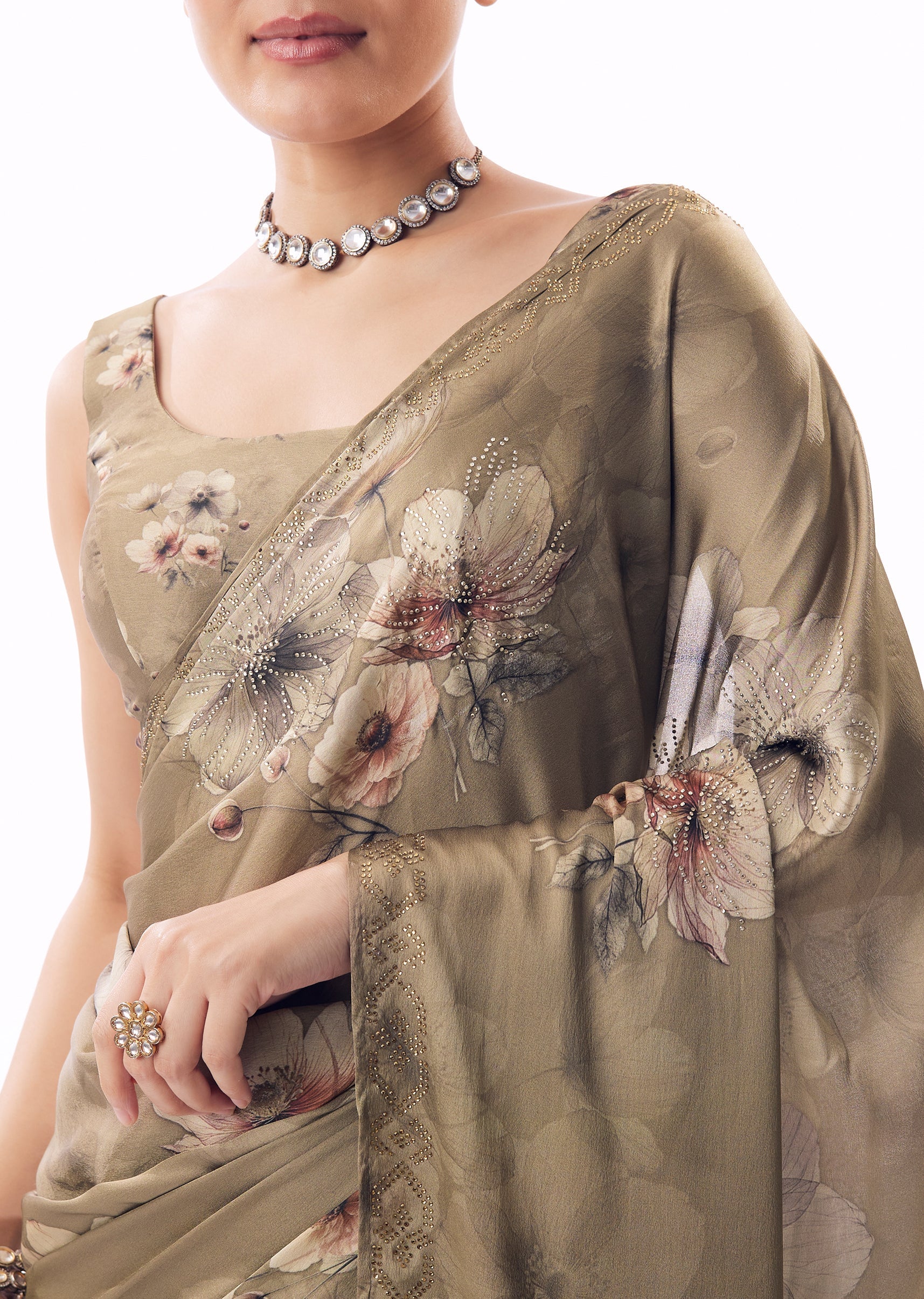Dusky Brown Satin Floral Printed Saree With Stone Embellished Border - Image 2