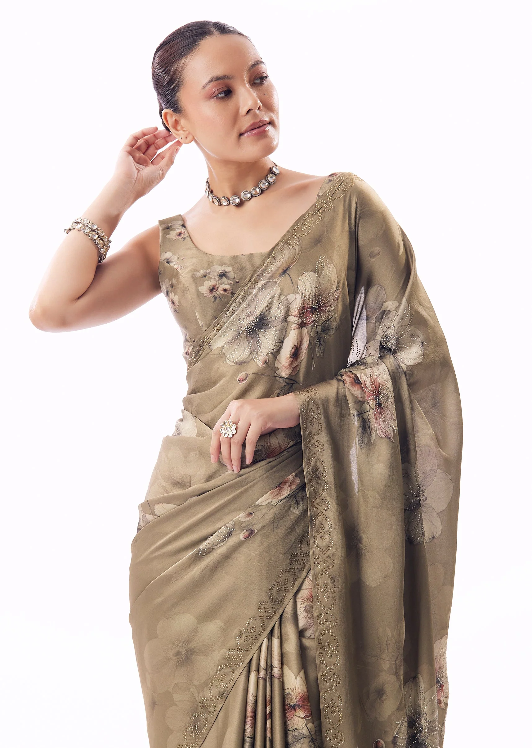 Dusky Brown Satin Floral Printed Saree With Stone Embellished Border - Image 5