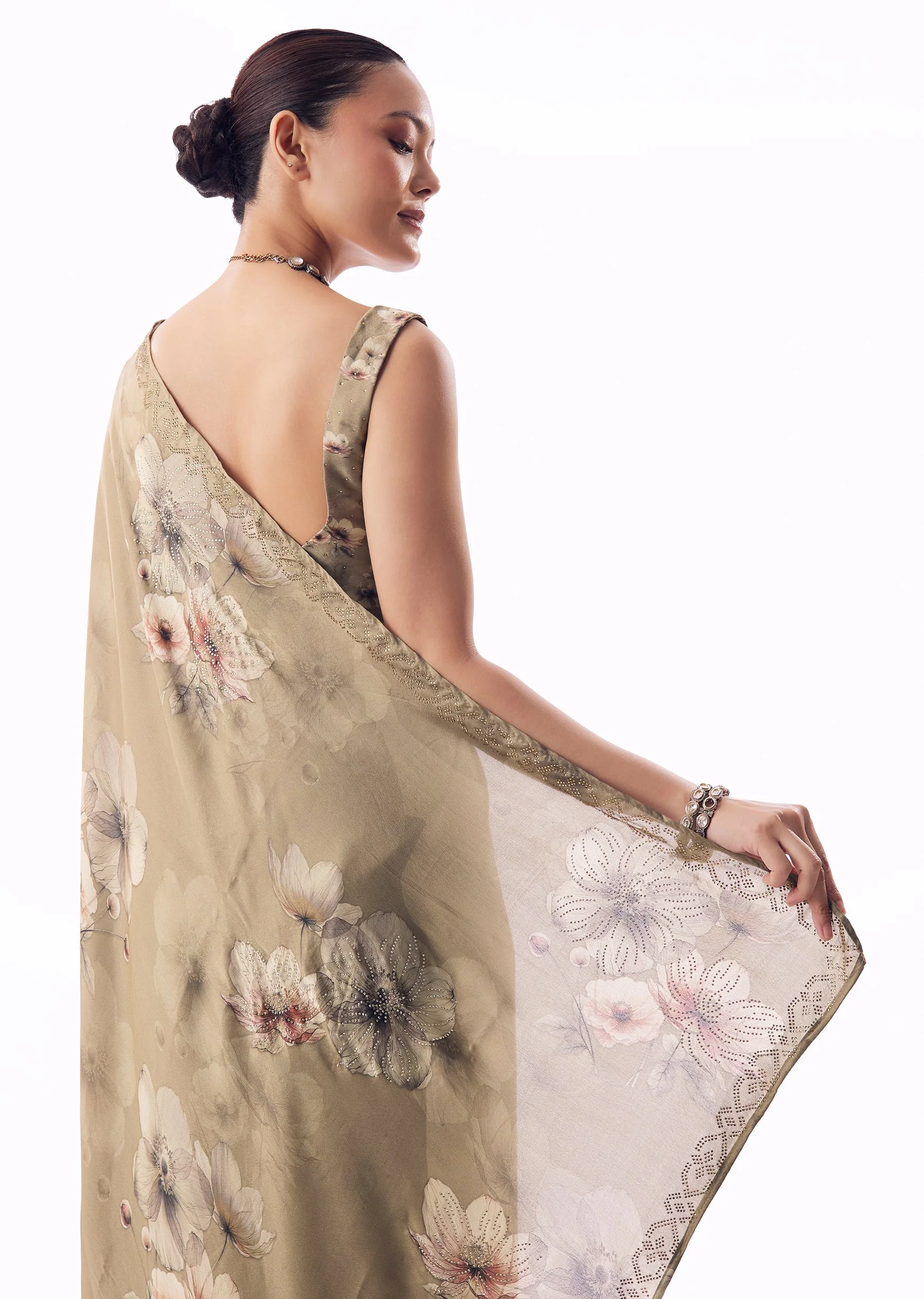 Dusky Brown Satin Floral Printed Saree With Stone Embellished Border - Image 6
