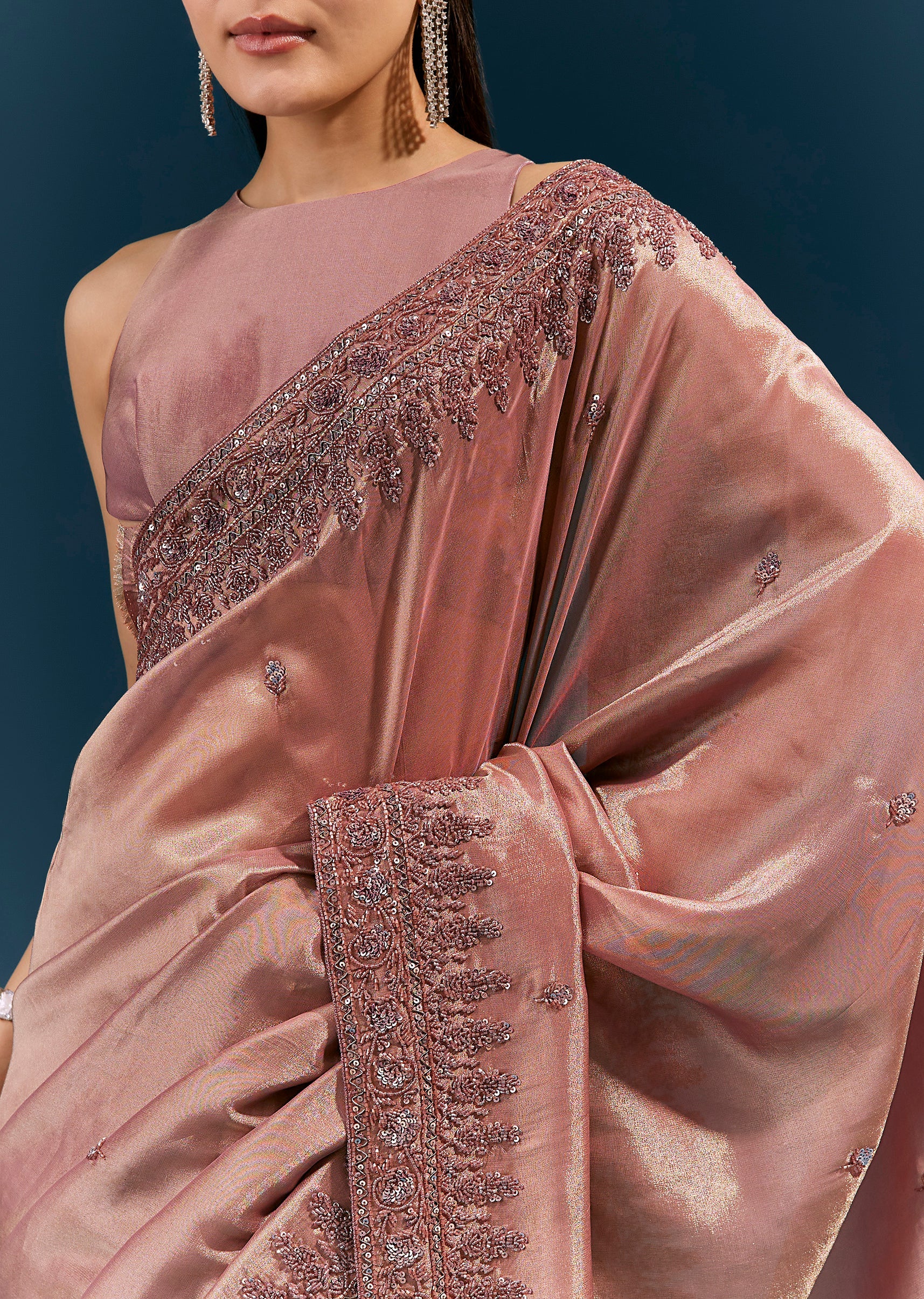 Dusky Lavender Tissue Silk Saree With Broad Embroidered Border And Butti - Image 2