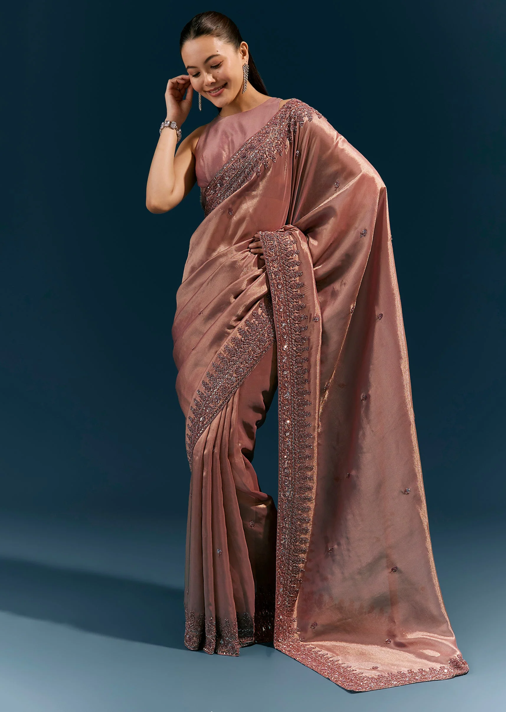 Dusky Lavender Tissue Silk Saree With Broad Embroidered Border And Butti - Image 3