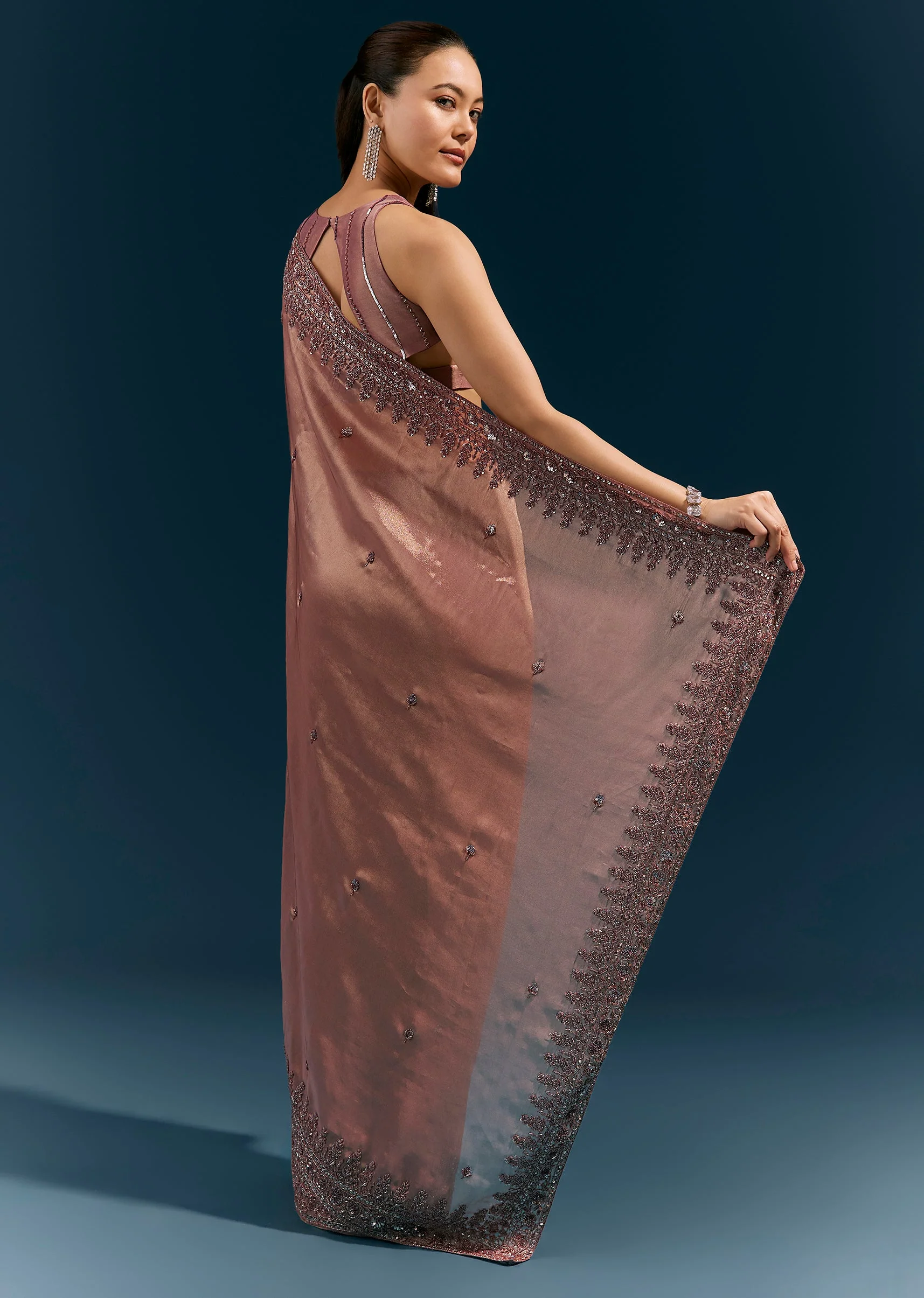 Dusky Lavender Tissue Silk Saree With Broad Embroidered Border And Butti - Image 4