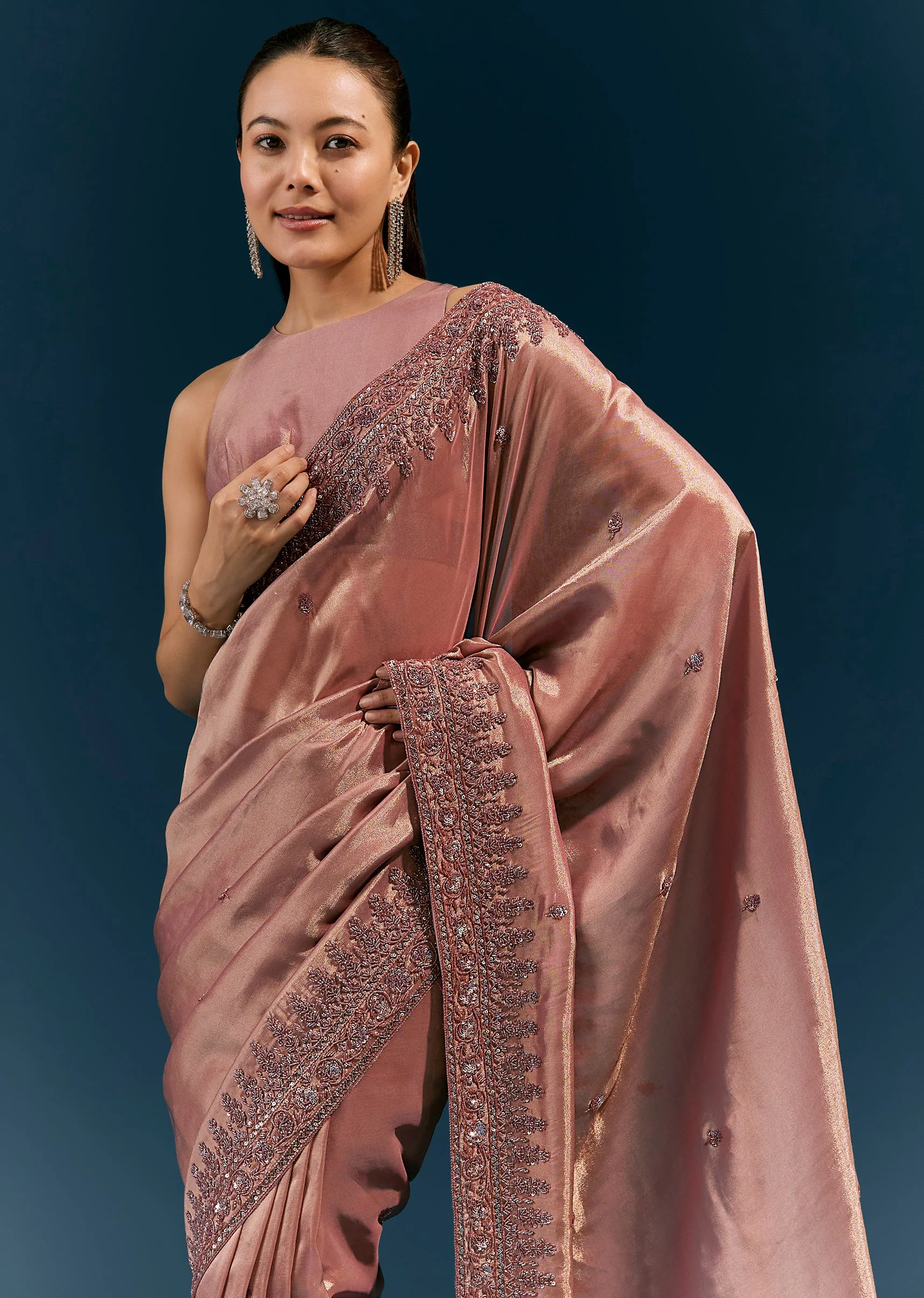 Dusky Lavender Tissue Silk Saree With Broad Embroidered Border And Butti - Image 5