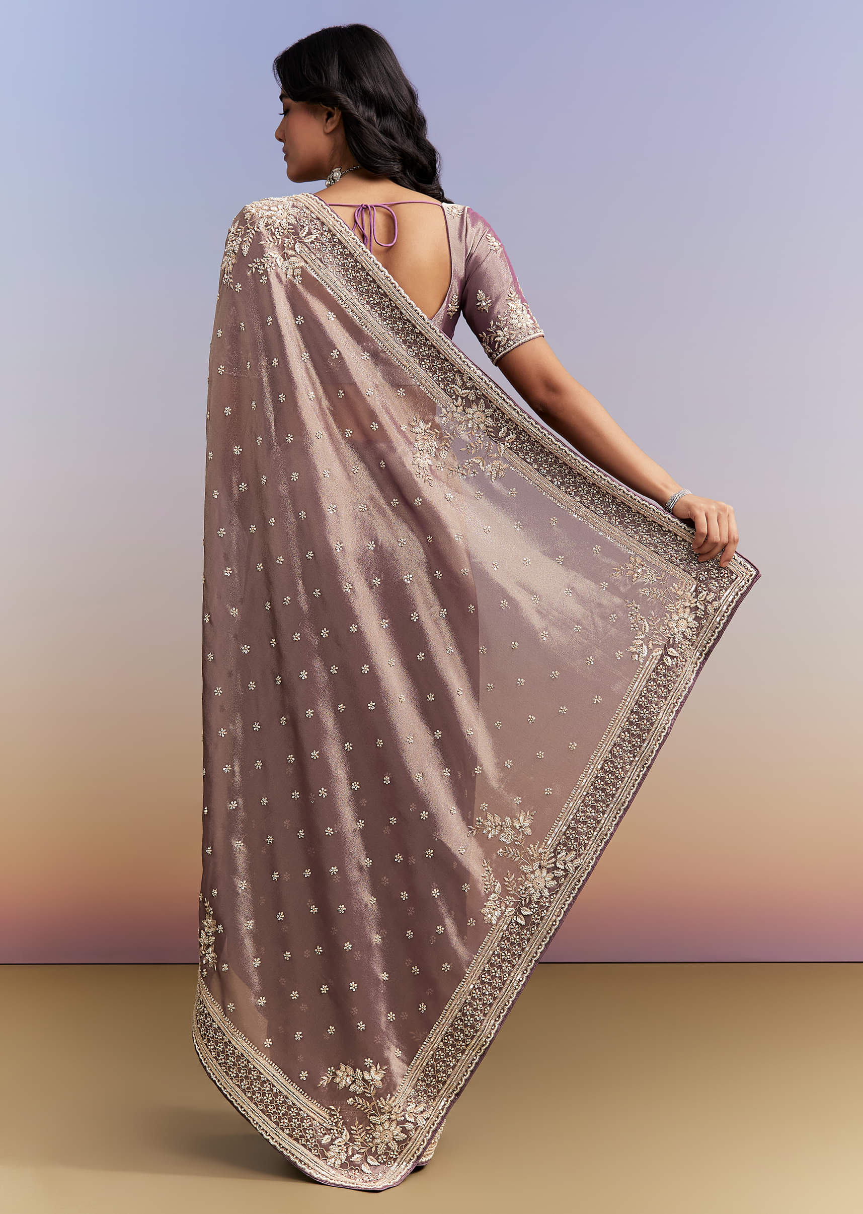 Dusky Lavender Tissue Silk Saree With Heavy Hand Embroidery - Image 4