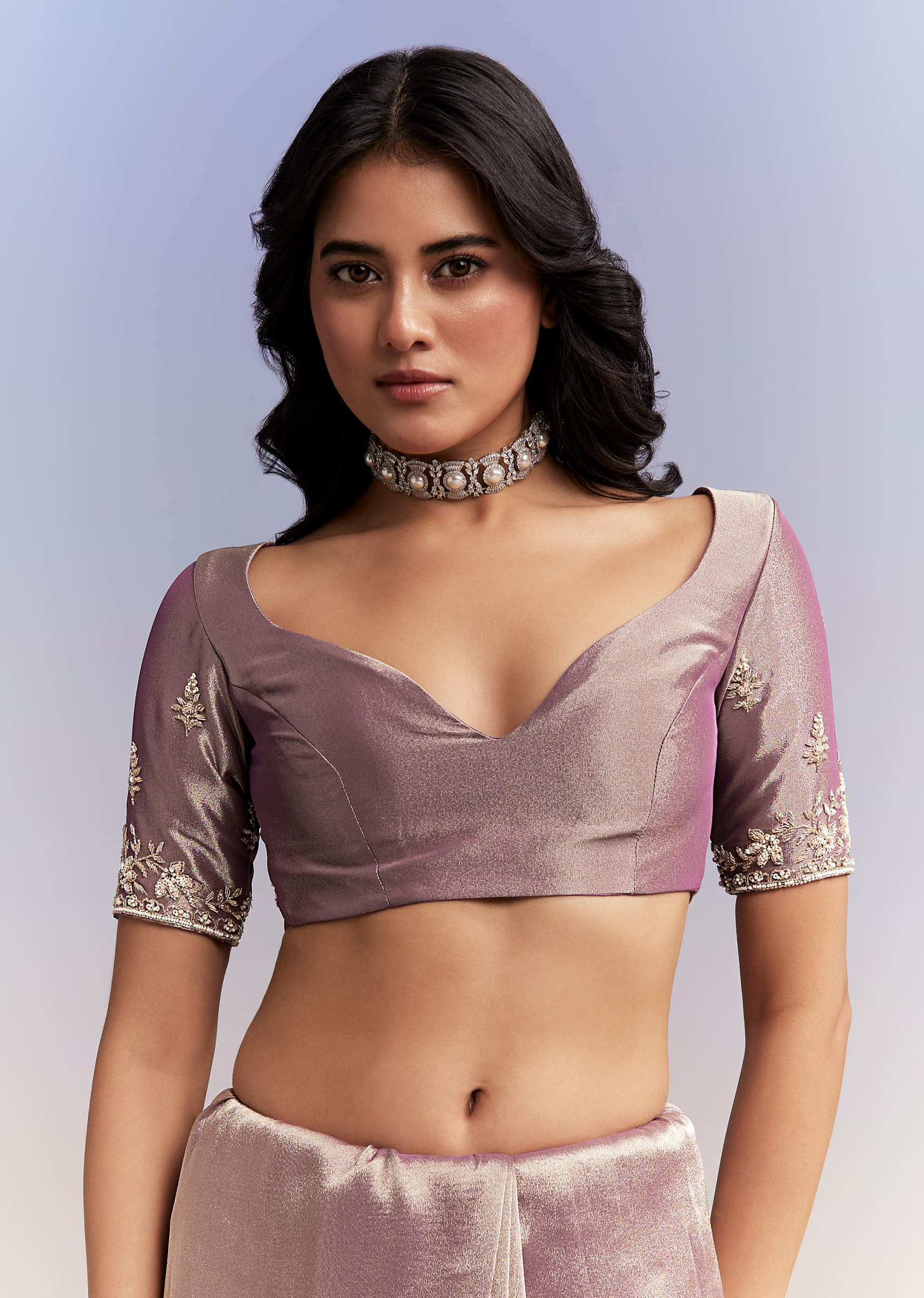 Dusky Lavender Tissue Silk Saree With Heavy Hand Embroidery - Image 7