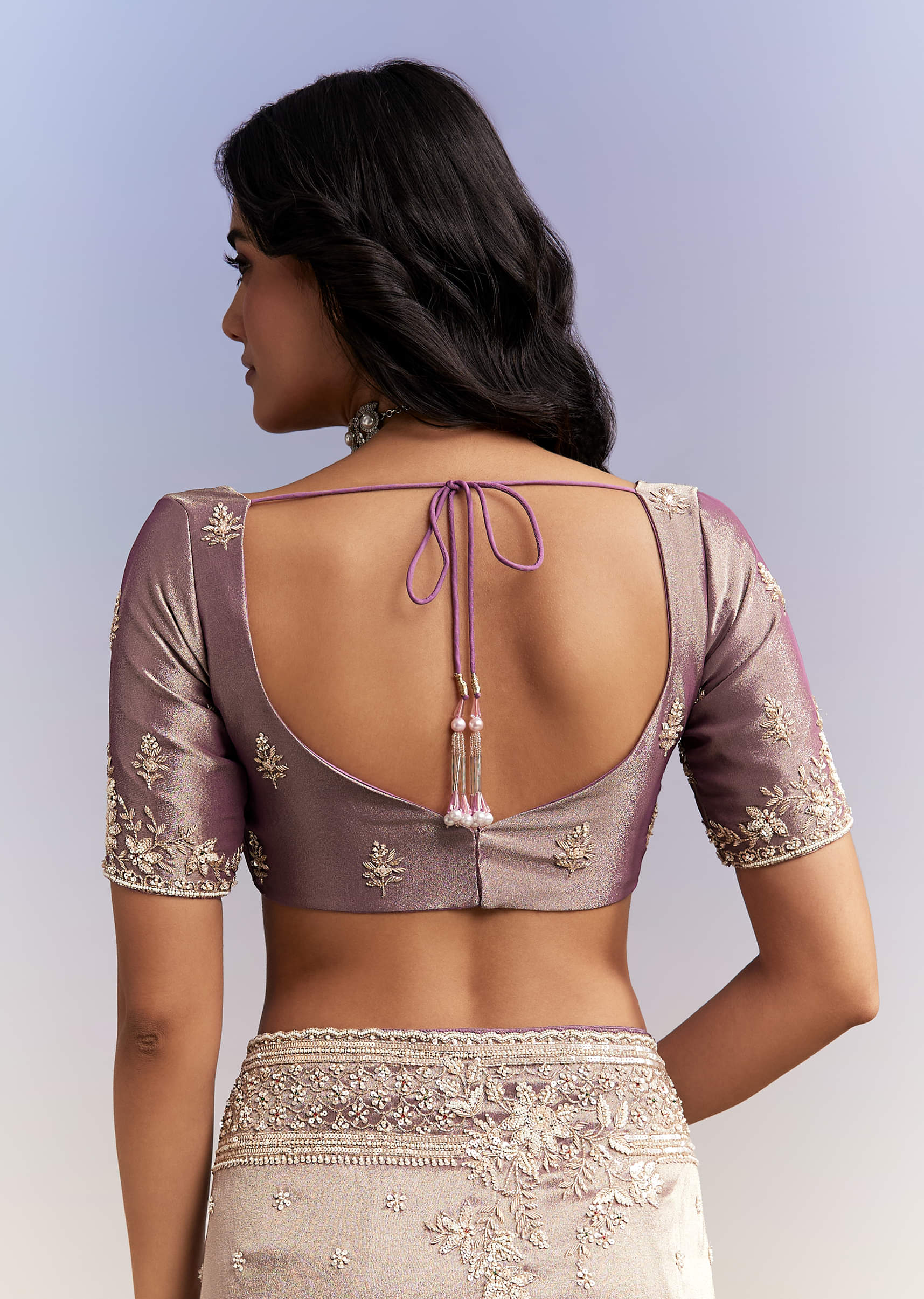 Dusky Lavender Tissue Silk Saree With Heavy Hand Embroidery - Image 8