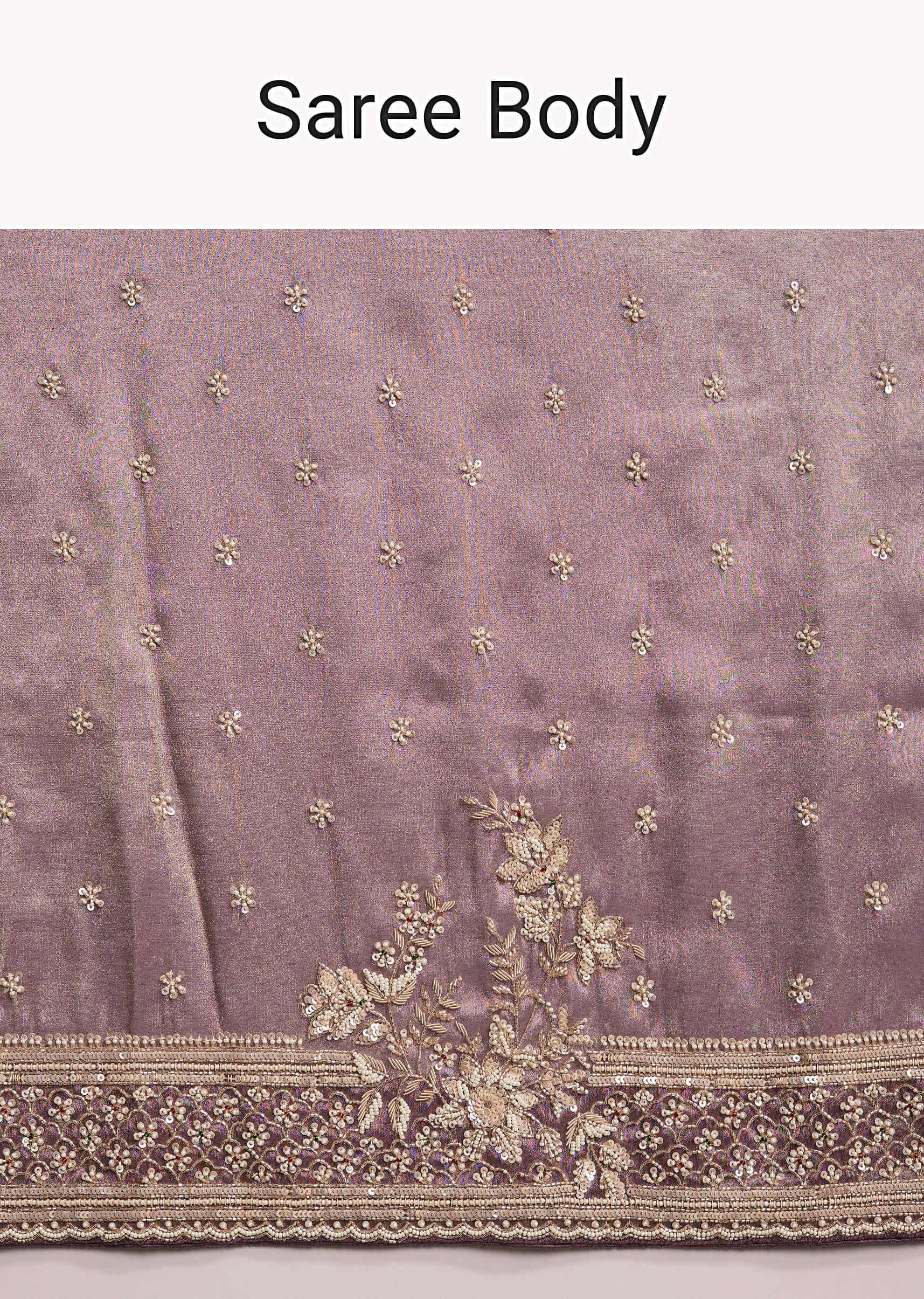 Dusky Lavender Tissue Silk Saree With Heavy Hand Embroidery - Image 9