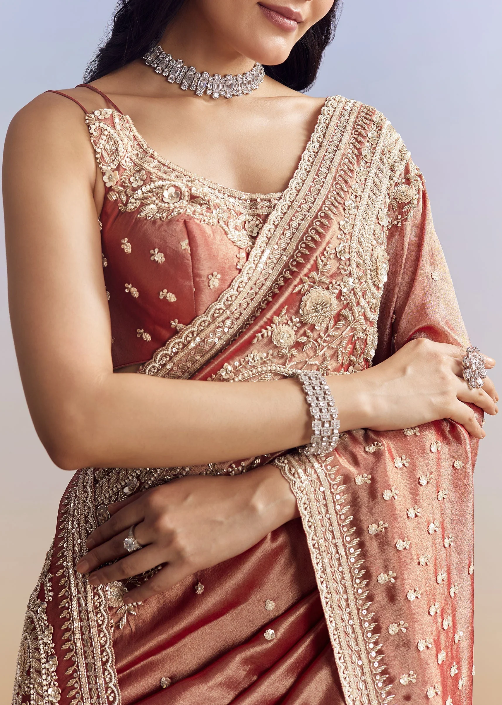 Dusky Orange Tissue Saree With Dense Embroidery - Image 2