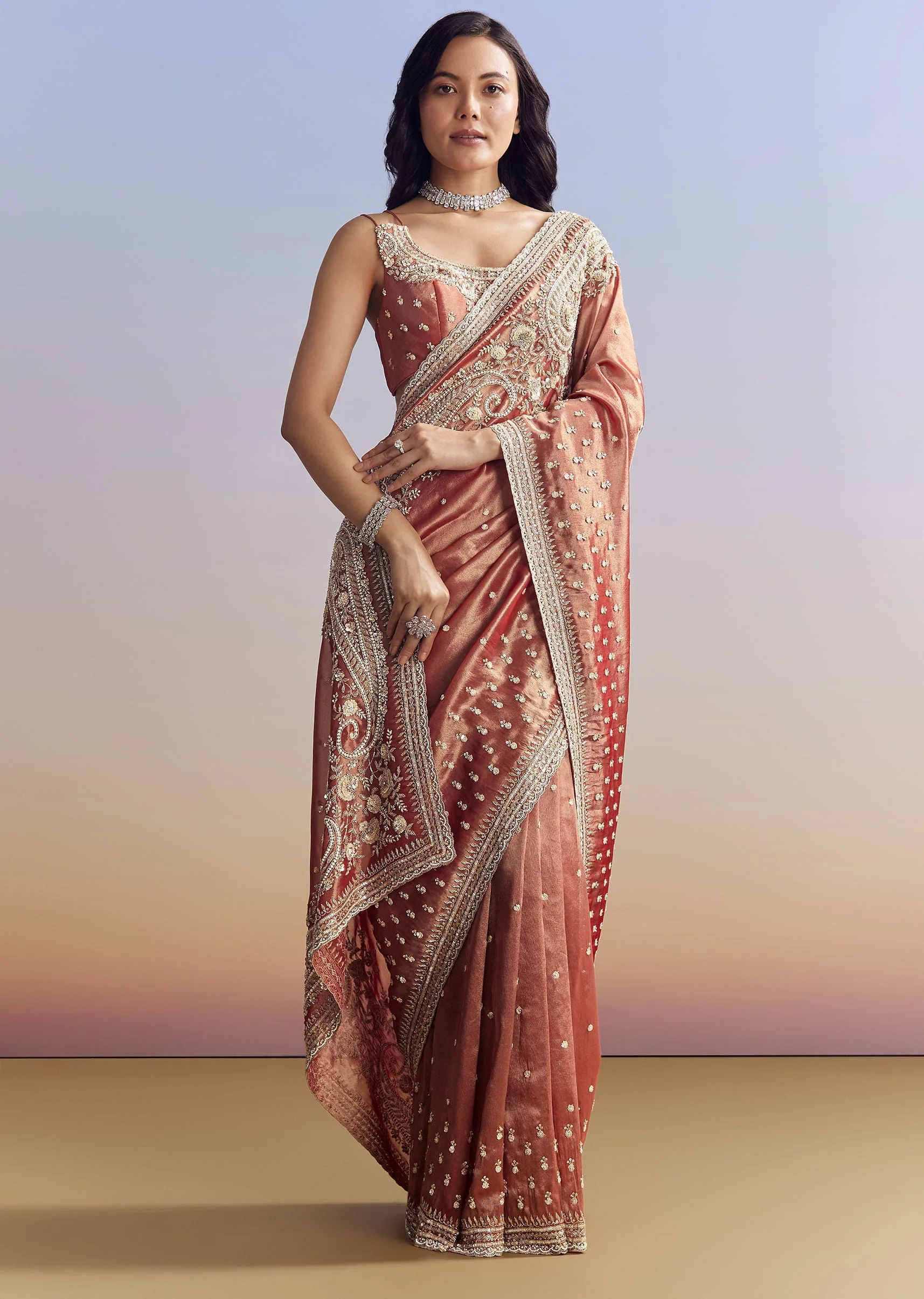 Dusky Orange Tissue Saree With Dense Embroidery - Image 3