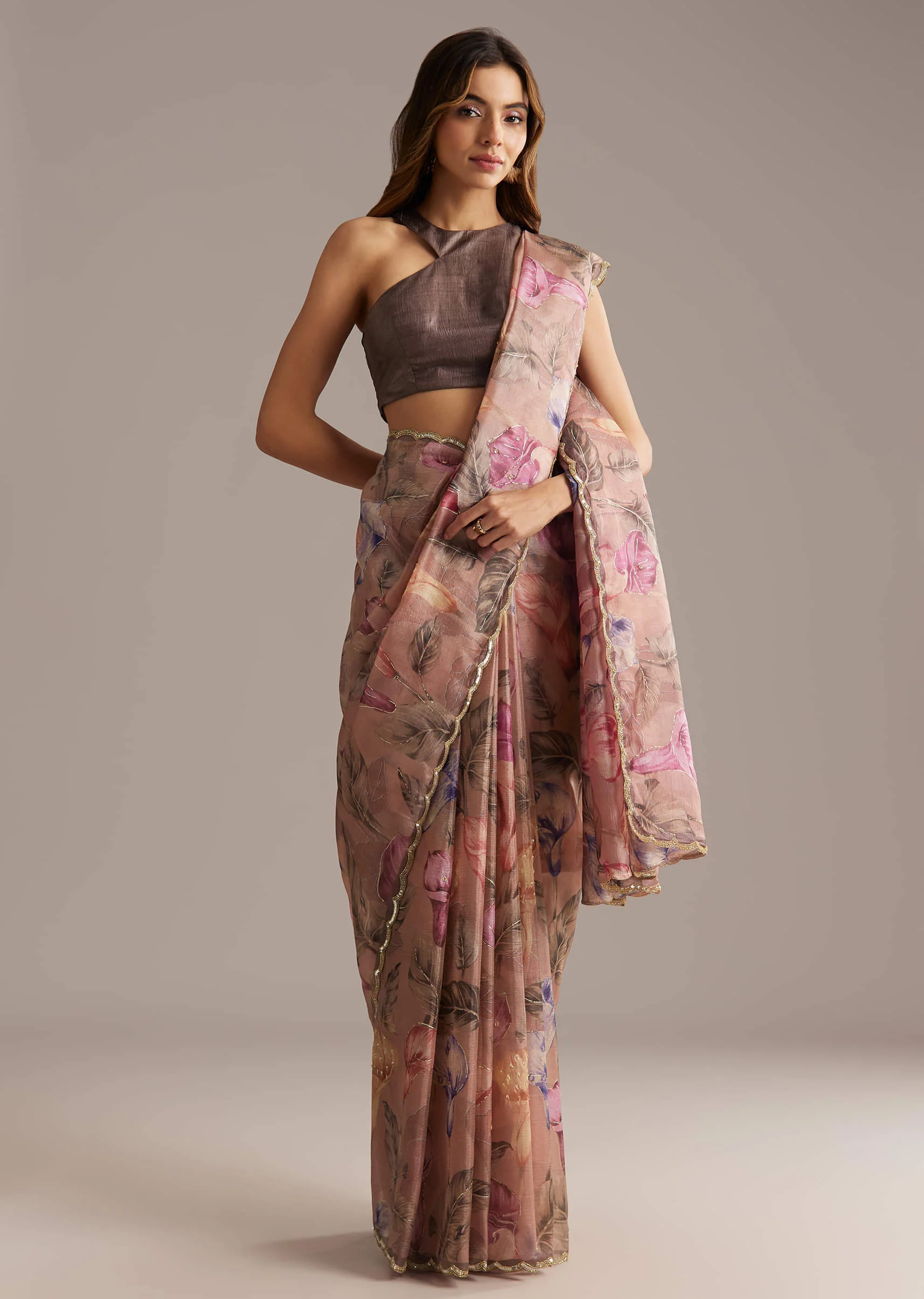 Dusky Peach Crush Tissue Saree With Floral Print And Zari Embroidery - Image 3