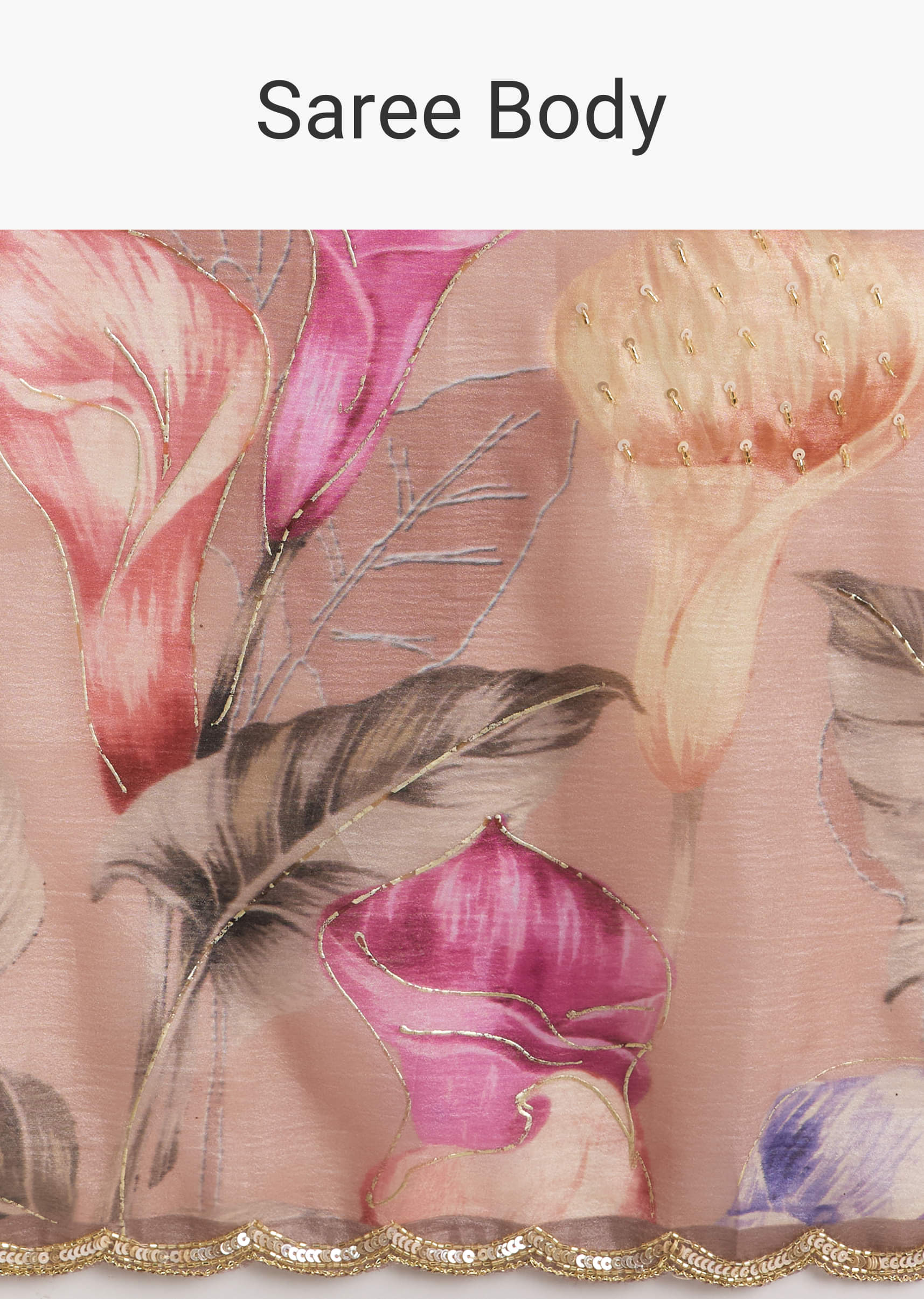 Dusky Peach Crush Tissue Saree With Floral Print And Zari Embroidery - Image 8