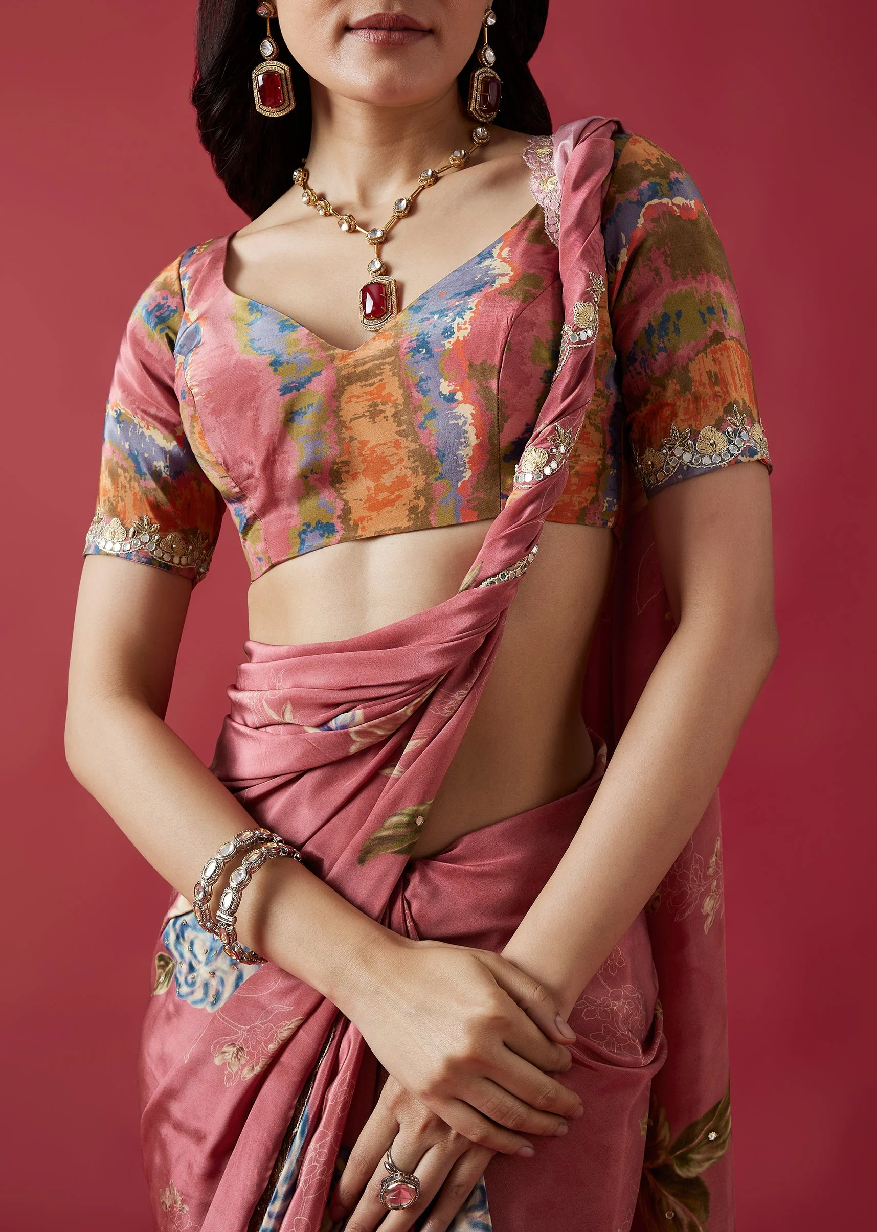 Dusky Rose Floral Printed Saree With Mirror And Gotta Border - Image 2