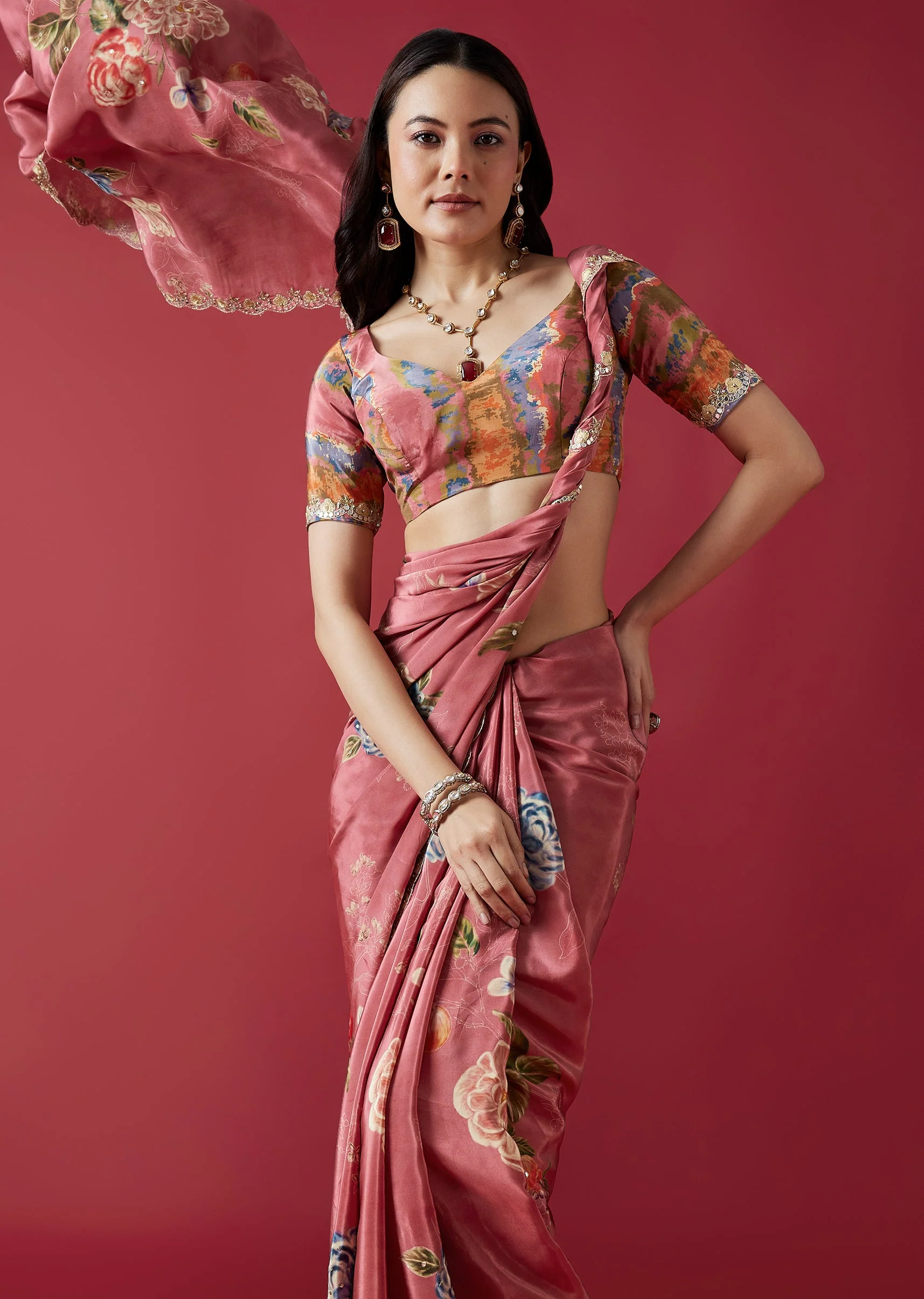 Dusky Rose Floral Printed Saree With Mirror And Gotta Border - Image 5