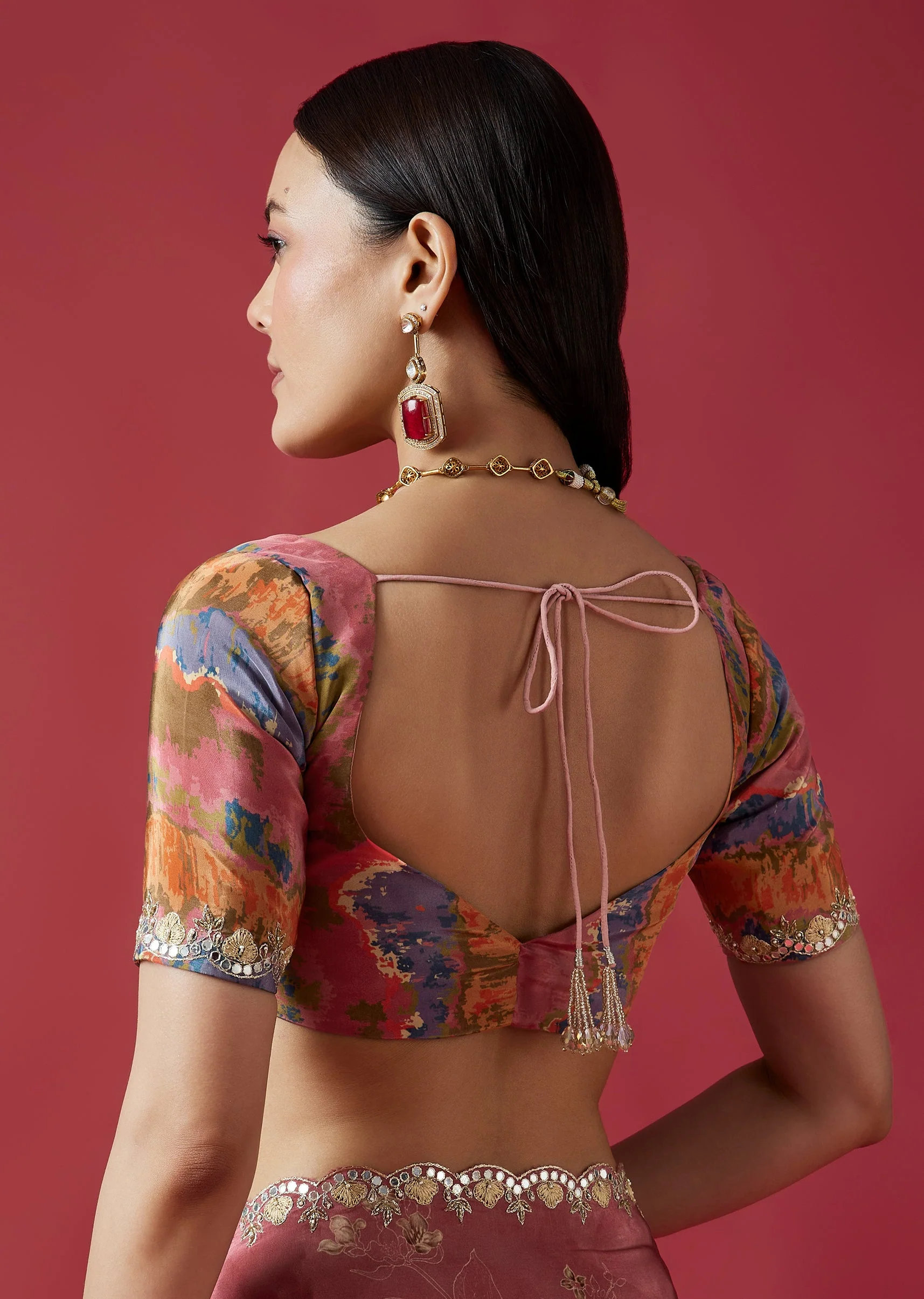 Dusky Rose Floral Printed Saree With Mirror And Gotta Border - Image 8