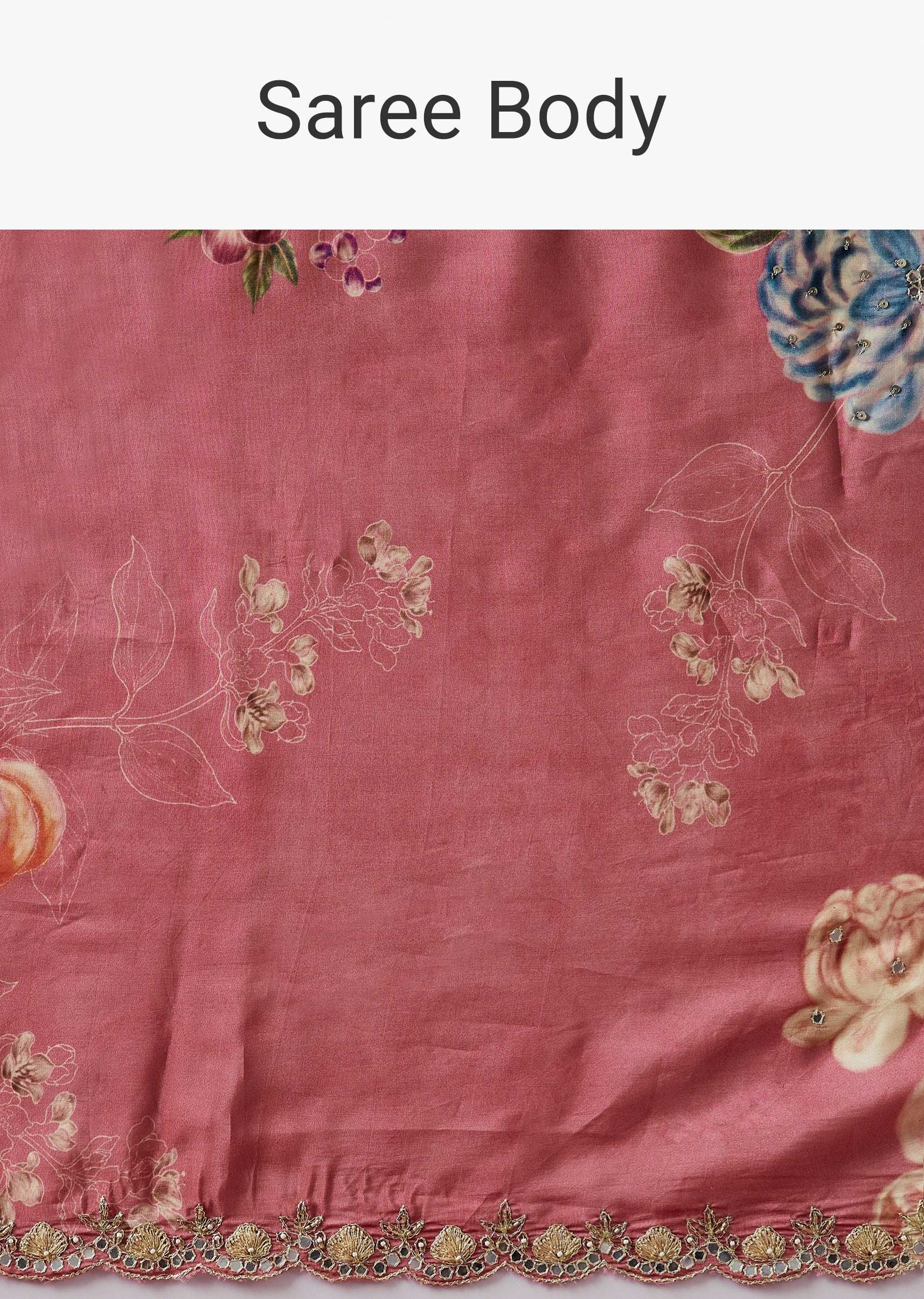 Dusky Rose Floral Printed Saree With Mirror And Gotta Border - Image 9