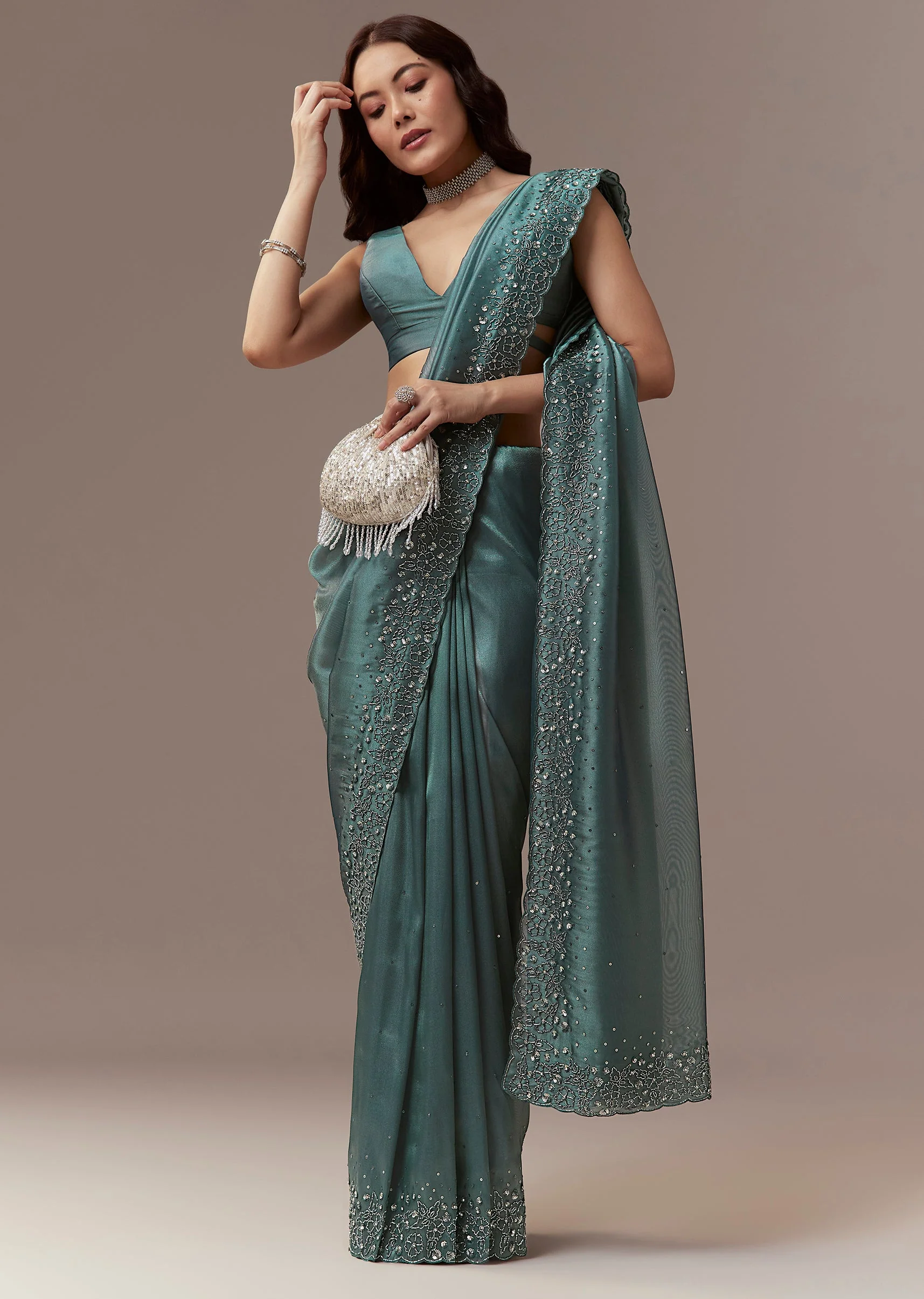 Dusky Teal Tissue Saree With Cutdana And Sequin Embroidery - Image 3
